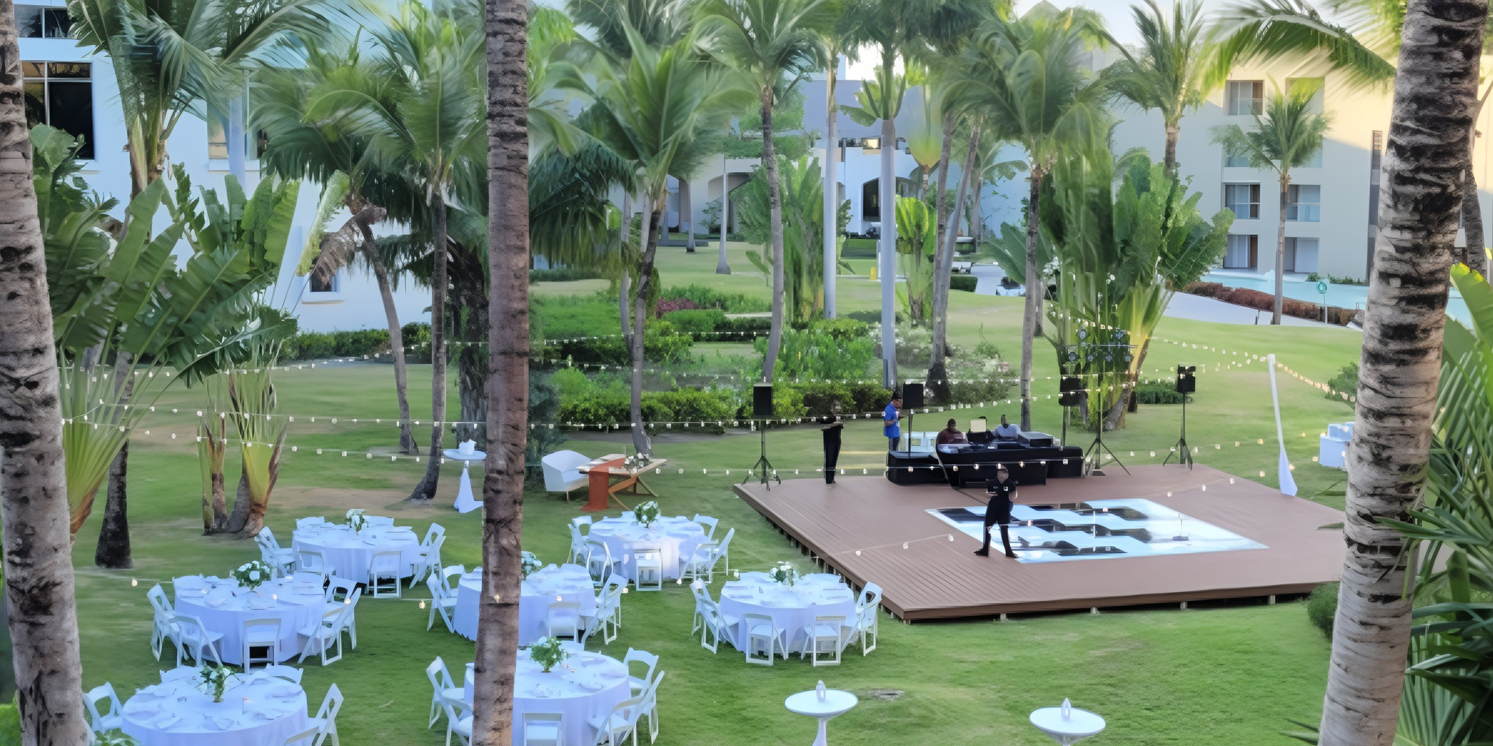 Destination wedding setup at Hard Rock Punta Cana with round tables, stage, and string lights among palms.