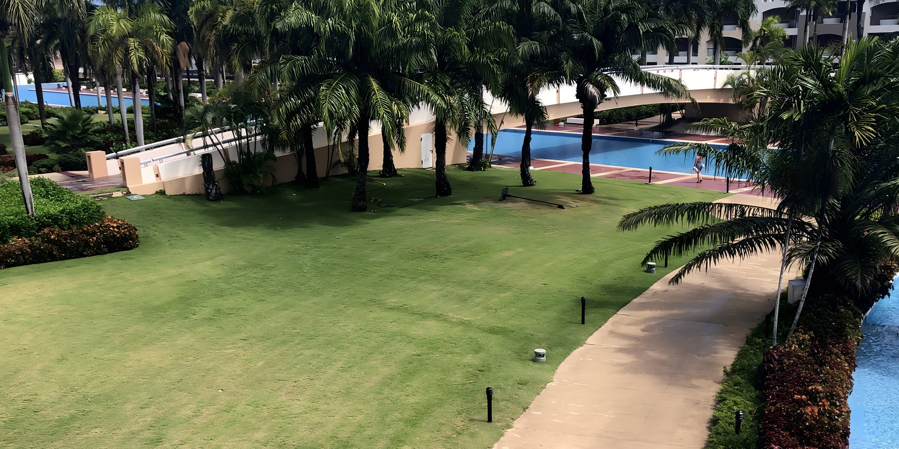Pathway and lawn at Hard Rock Punta Cana by a pool with palm trees, perfect for a destination wedding.