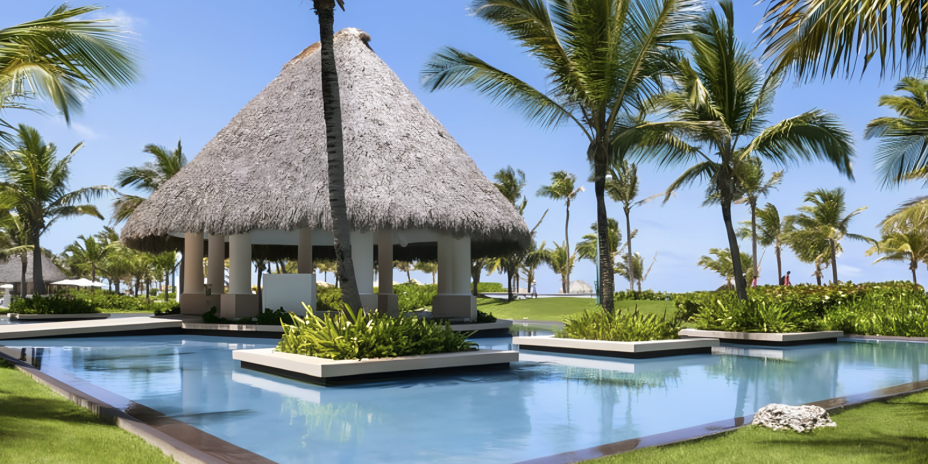 A thatched-roof pavilion at Hard Rock Punta Cana, perfect for a destination wedding, overlooks a pool and palm trees.