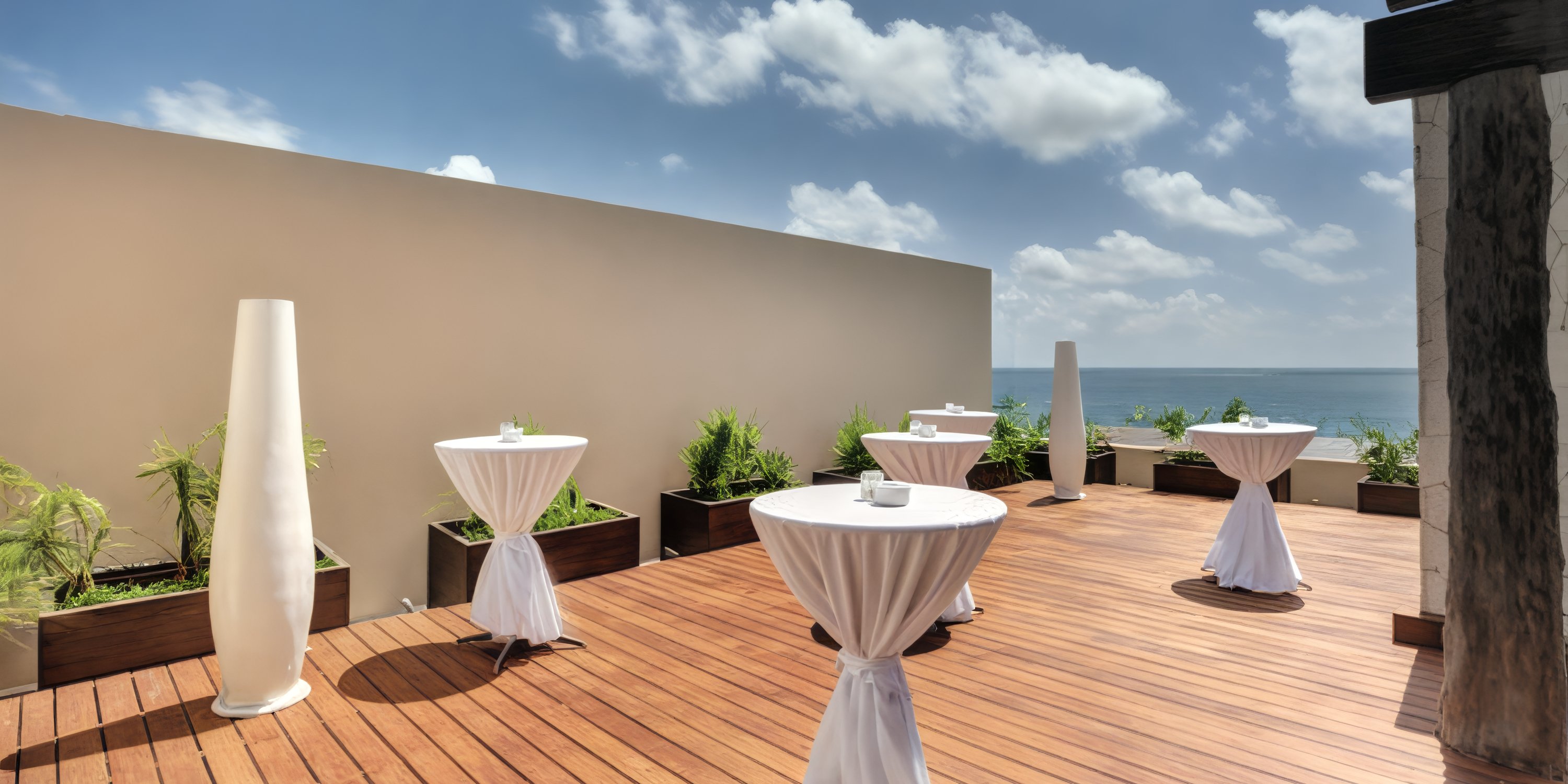 Wooden deck terrace set for a destination wedding, with cocktail tables, potted plants, and ocean view.