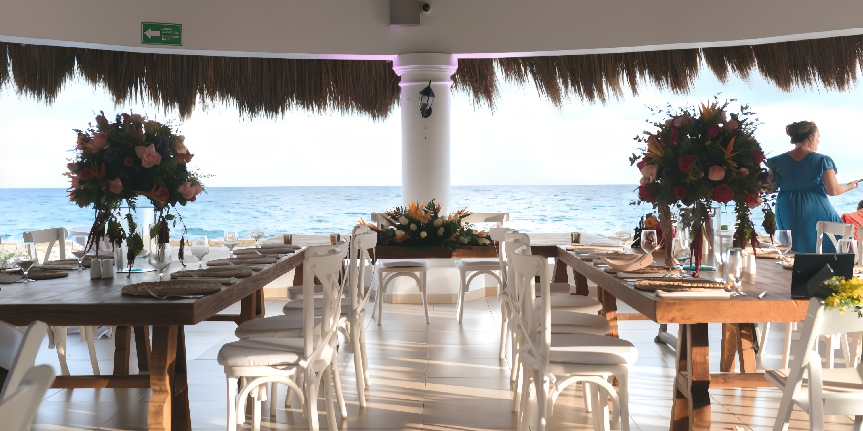 Tables and chairs set up for a destination wedding at Hard Rock Riviera Maya, all facing the ocean.