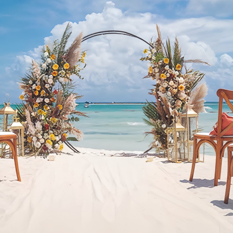 Wedding arch decorated with flowers on a sandy beach, chairs set up for a destination wedding by the ocean.