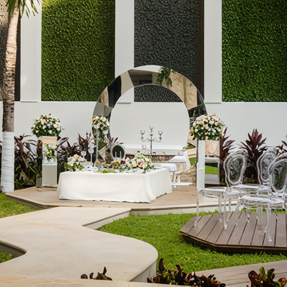 Destination wedding scene featuring a round mirror arch, a white-draped table, and clear chairs outdoors.