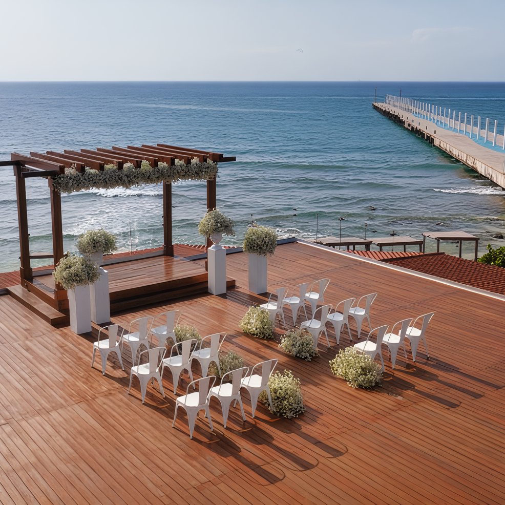 Destination wedding ceremony on a seaside wooden deck with white chairs and elegant floral arrangements.