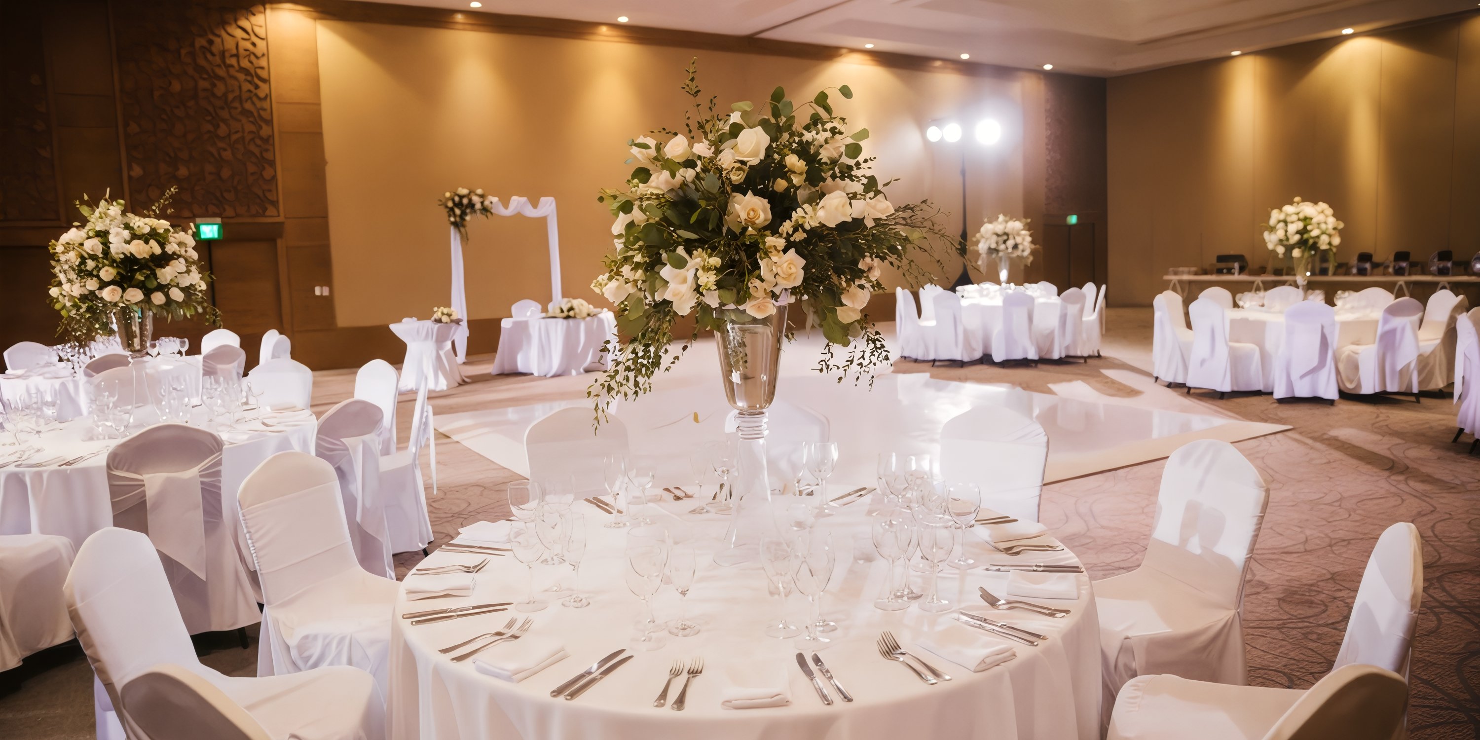 Hyatt Ziva Los Cabos banquet tables with white linens and flowers, elegantly set for a destination wedding.