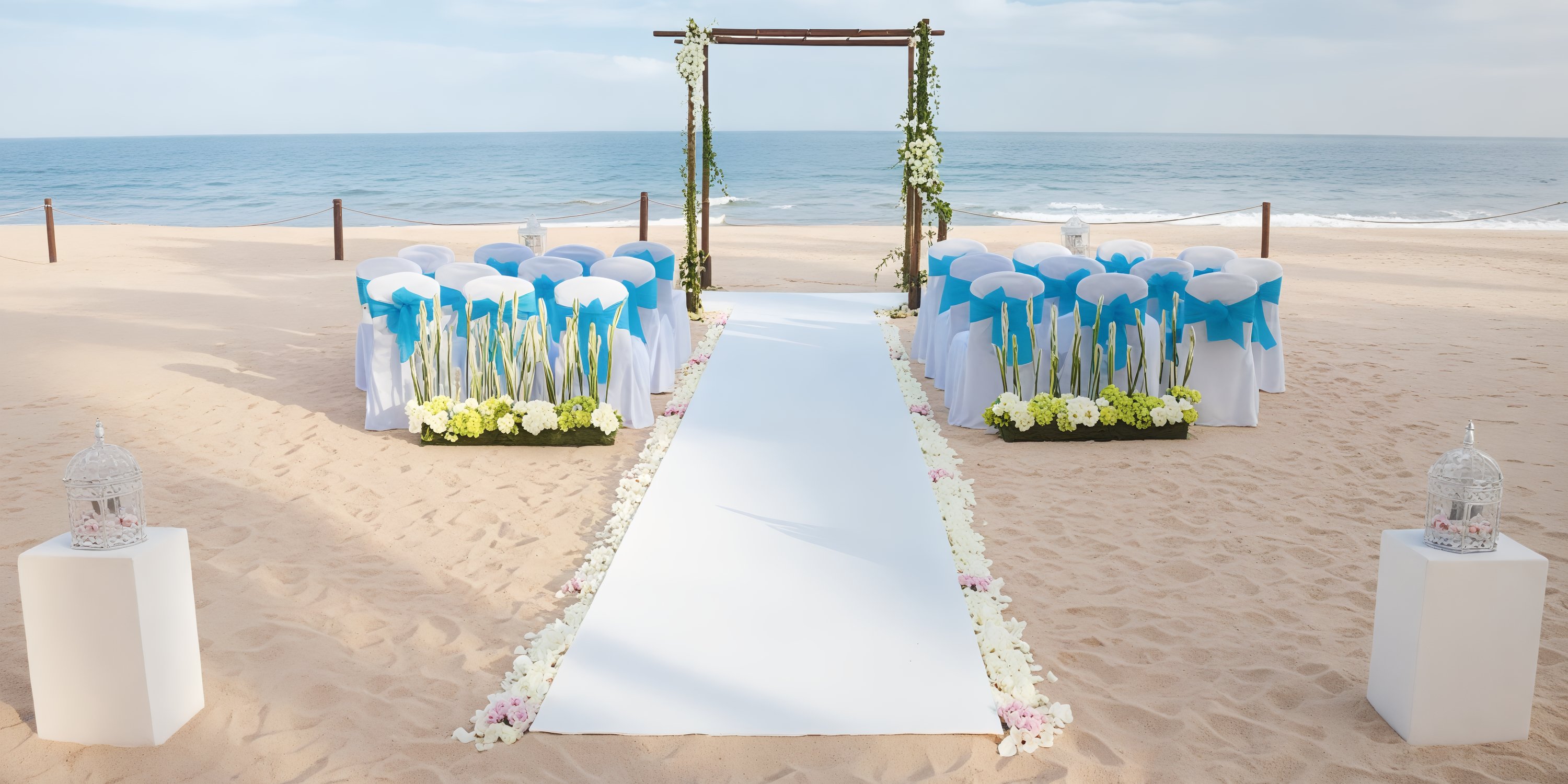 A destination wedding at Hyatt Ziva Los Cabos is beautifully arranged with an aisle leading to a stunning ocean archway, surrounded by elegantly placed chairs.