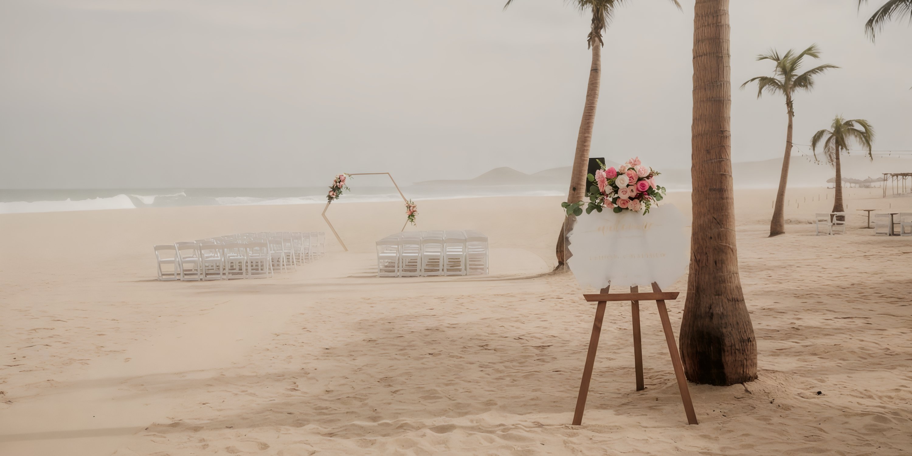 White chairs and a floral arch arranged for a destination wedding at Hyatt Ziva Los Cabos beach.