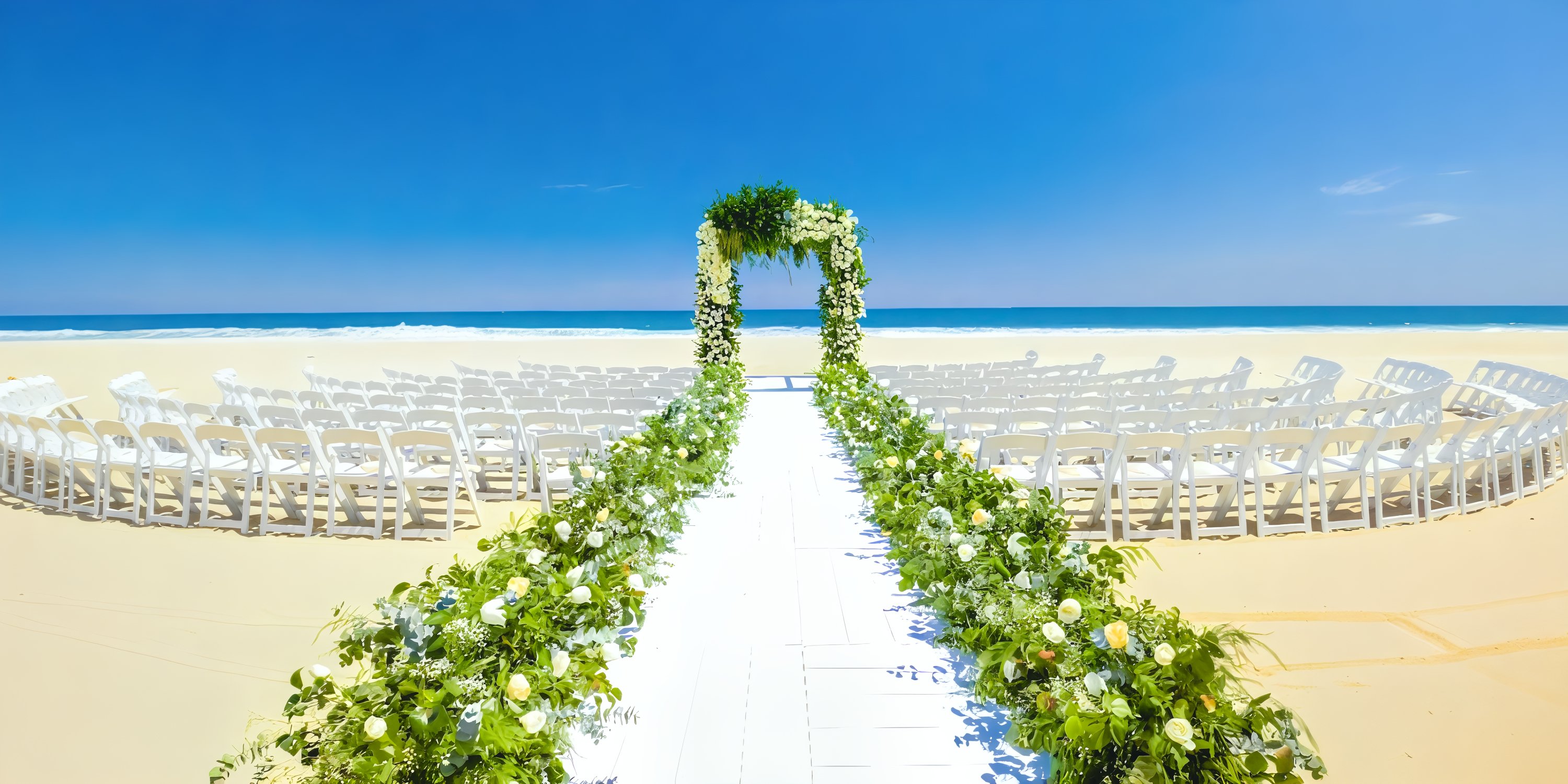 White chairs and a floral arch arranged on the sand for a destination wedding at Hyatt Ziva Los Cabos.
