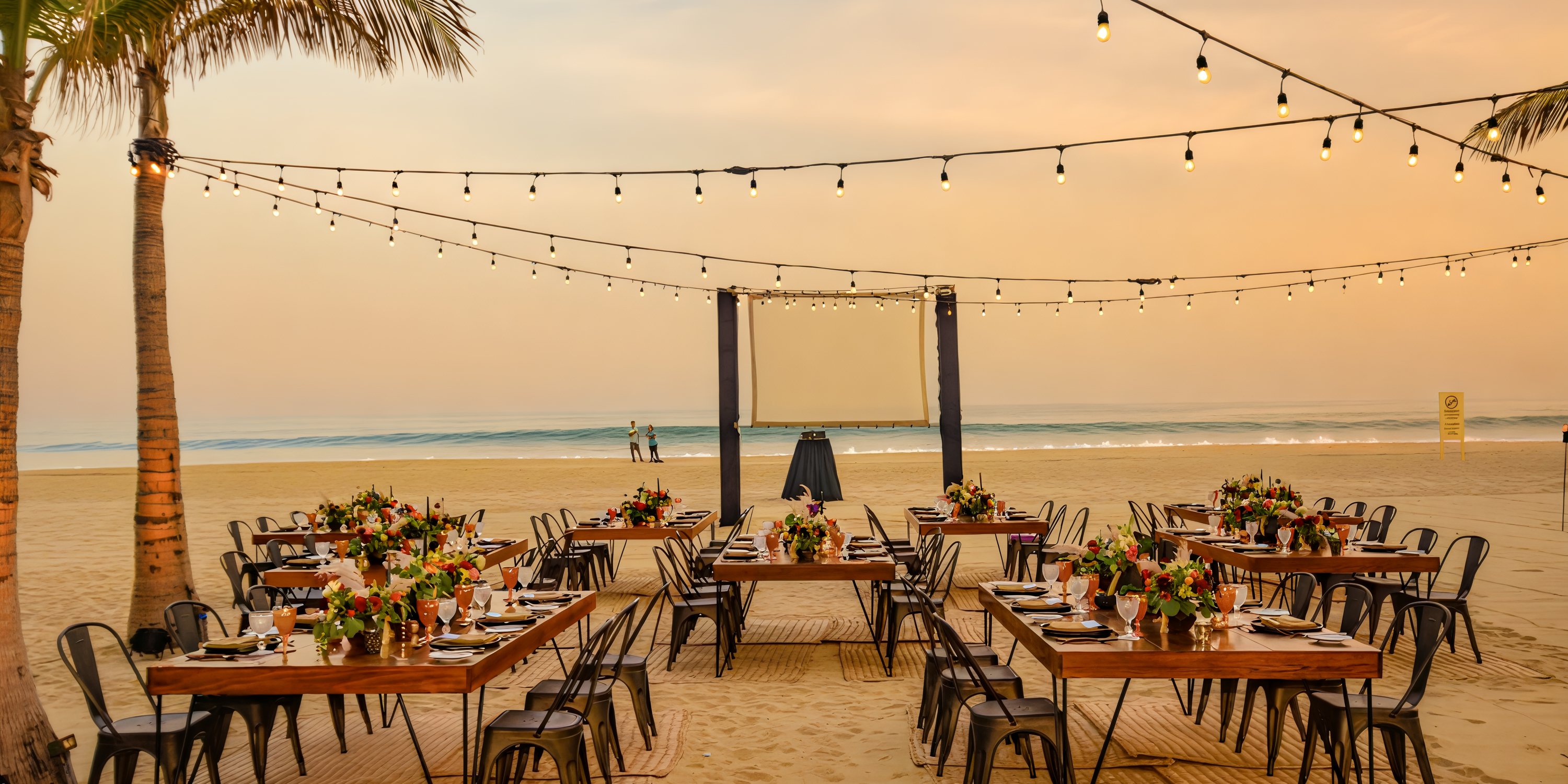 Hyatt Ziva Los Cabos: Beachside wedding dining tables with string lights and a projection screen.