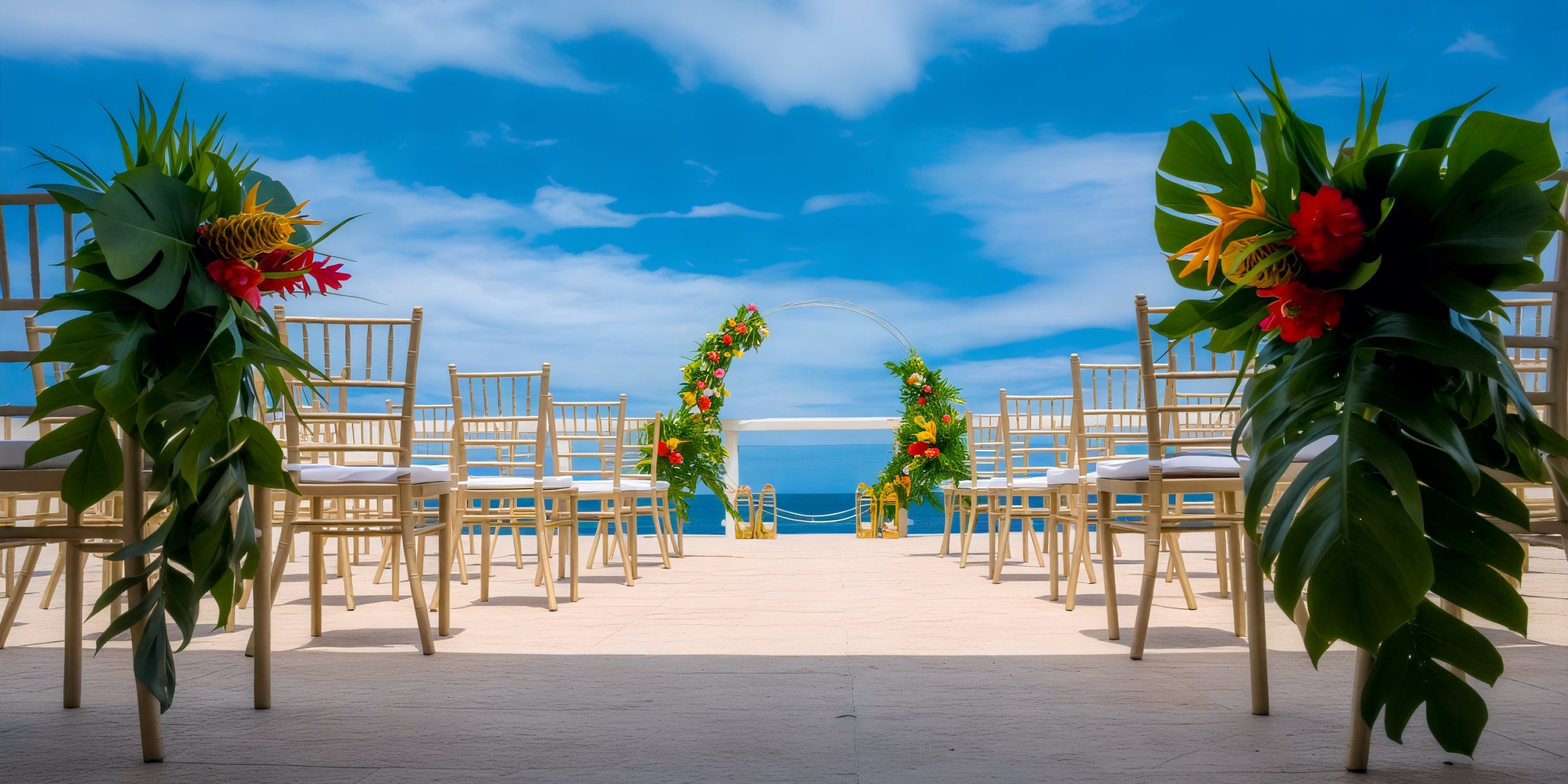The wedding setup at Hyatt Ziva Rose Hall features elegantly arranged chairs and a beautifully designed arch adorned with tropical flowers, all set against the backdrop of a clear blue sky—the perfect setting for your dream destination wedding.