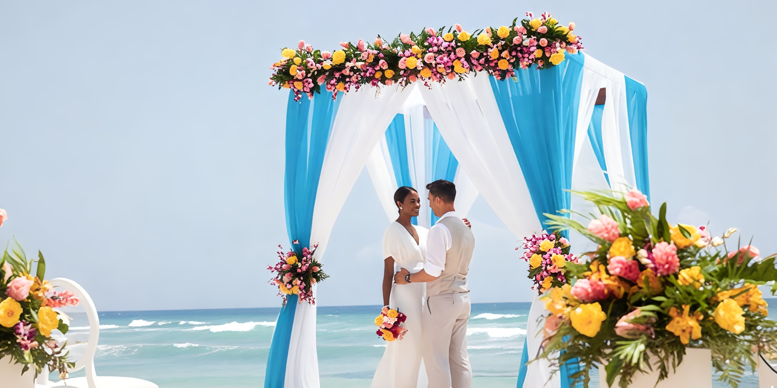 A couple poses under a wedding arch on the beach at Hyatt Ziva Rose Hall during a destination wedding.