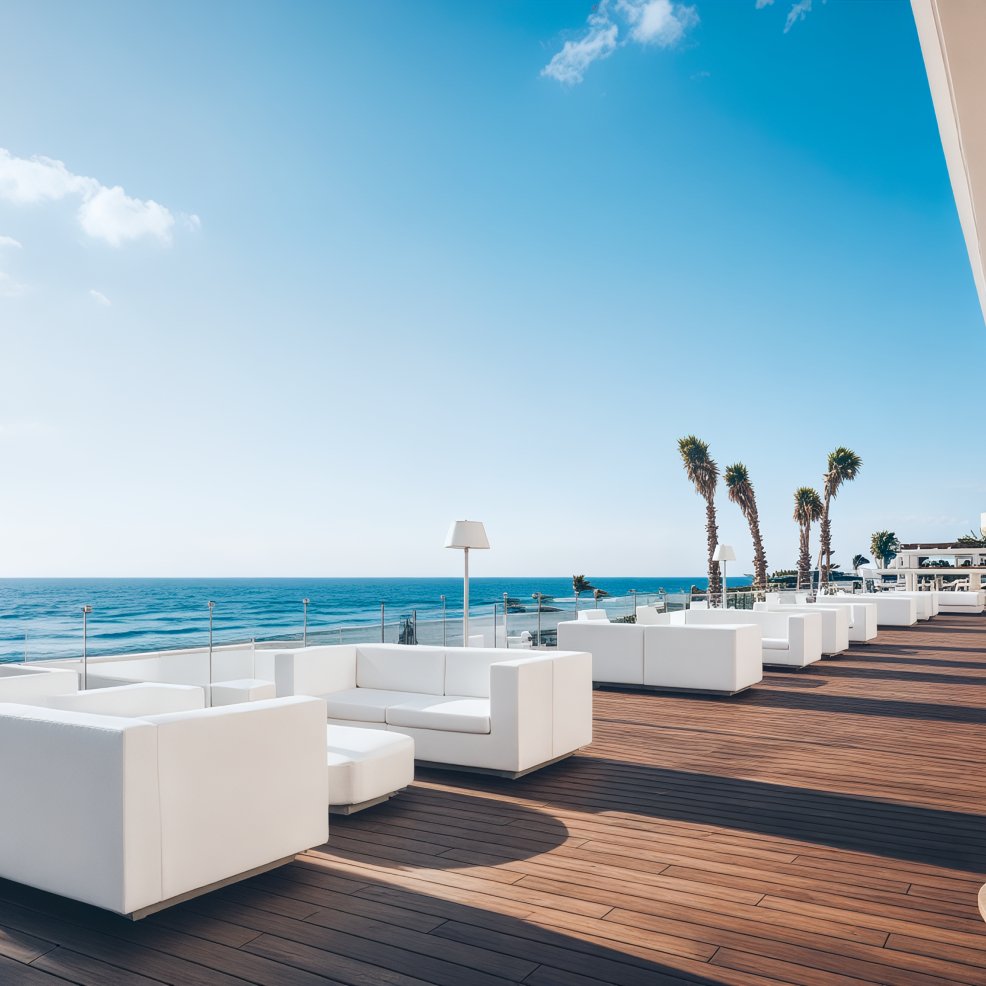 Modern outdoor lounge with white sofas on a wooden deck, perfect for a destination wedding by the ocean.
