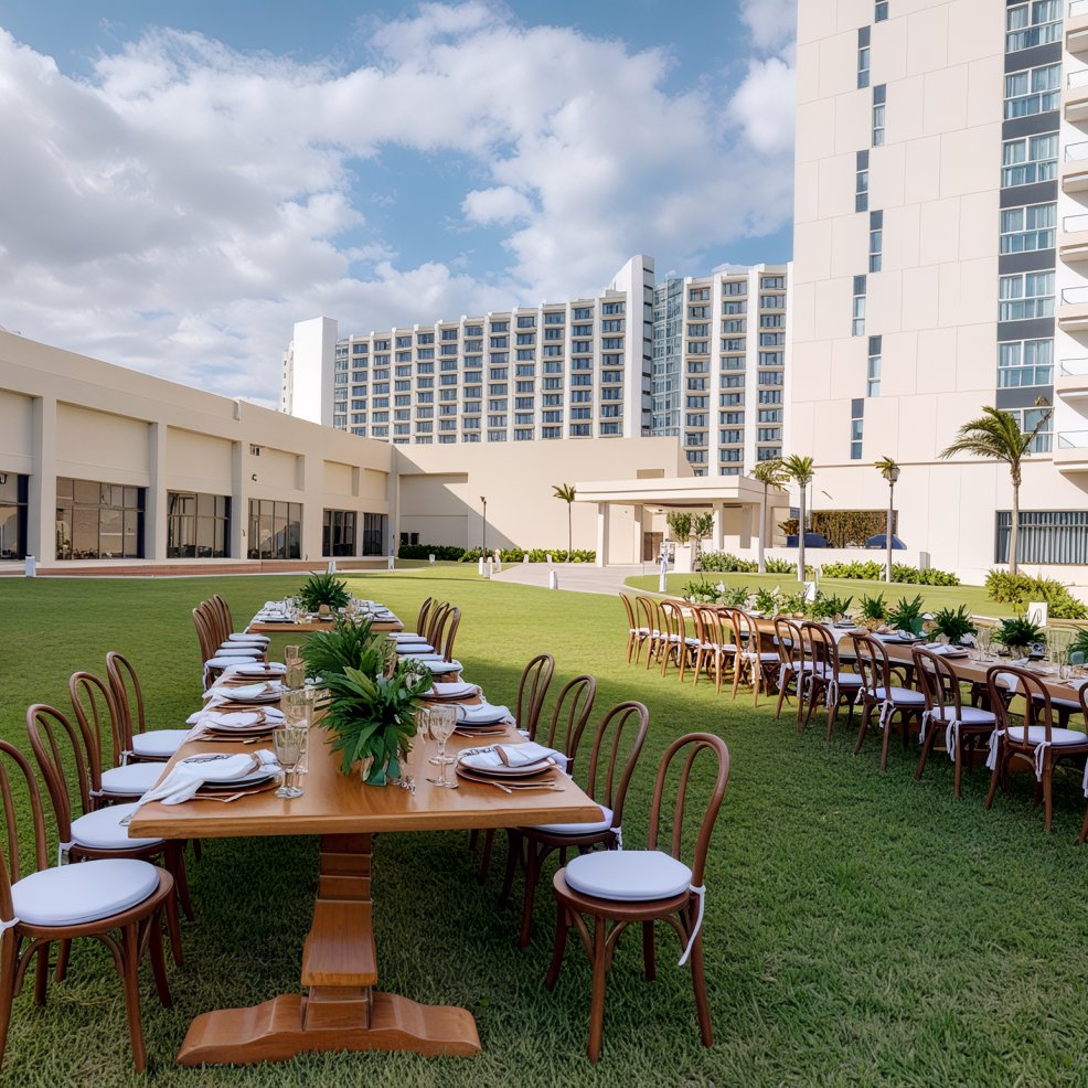 Outdoor tables and chairs set up on a lawn by modern buildings, ideal for a destination wedding event.