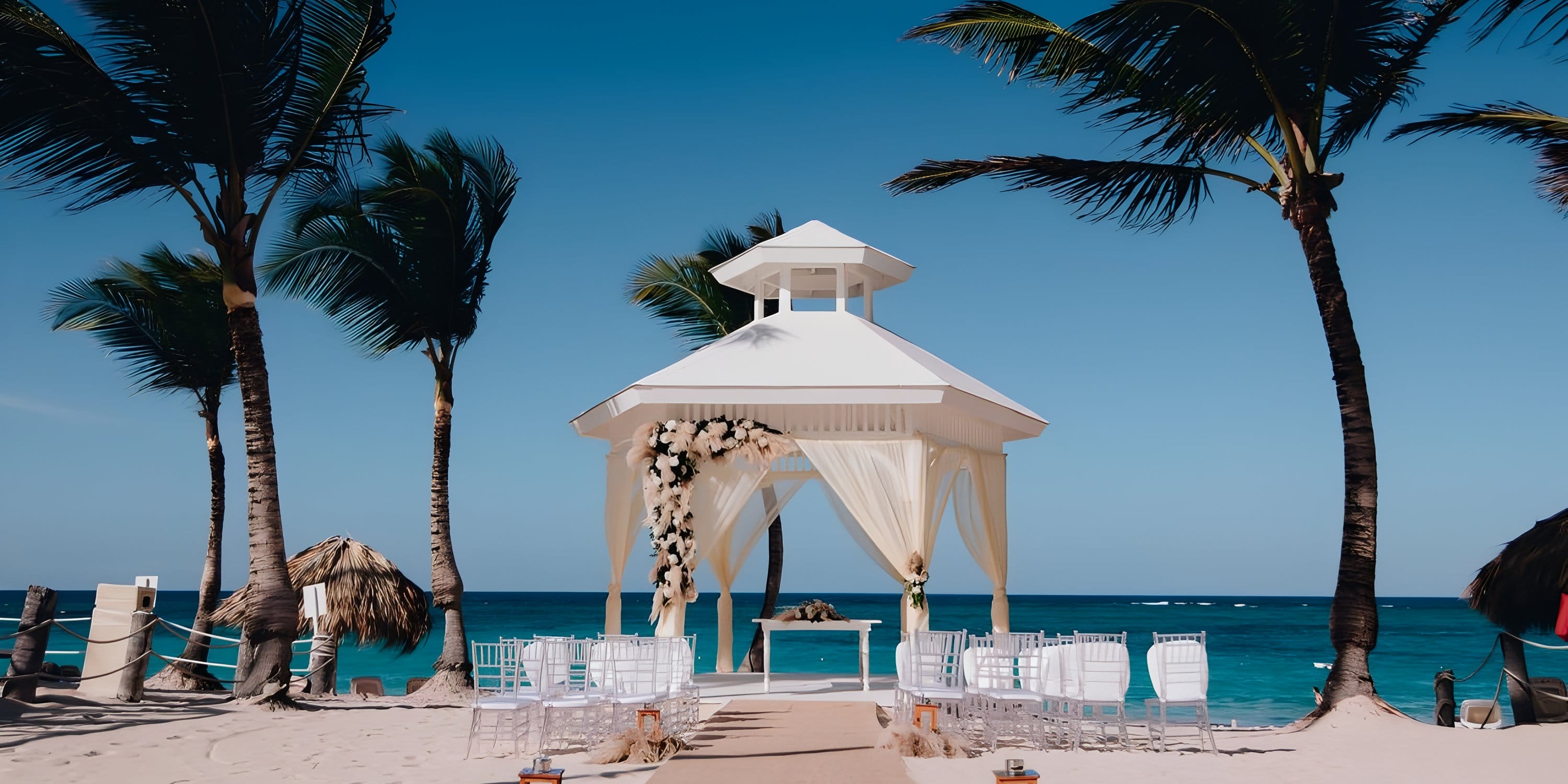 White gazebo at Majestic Mirage Punta Cana, ideal for a dreamy destination wedding by the ocean.