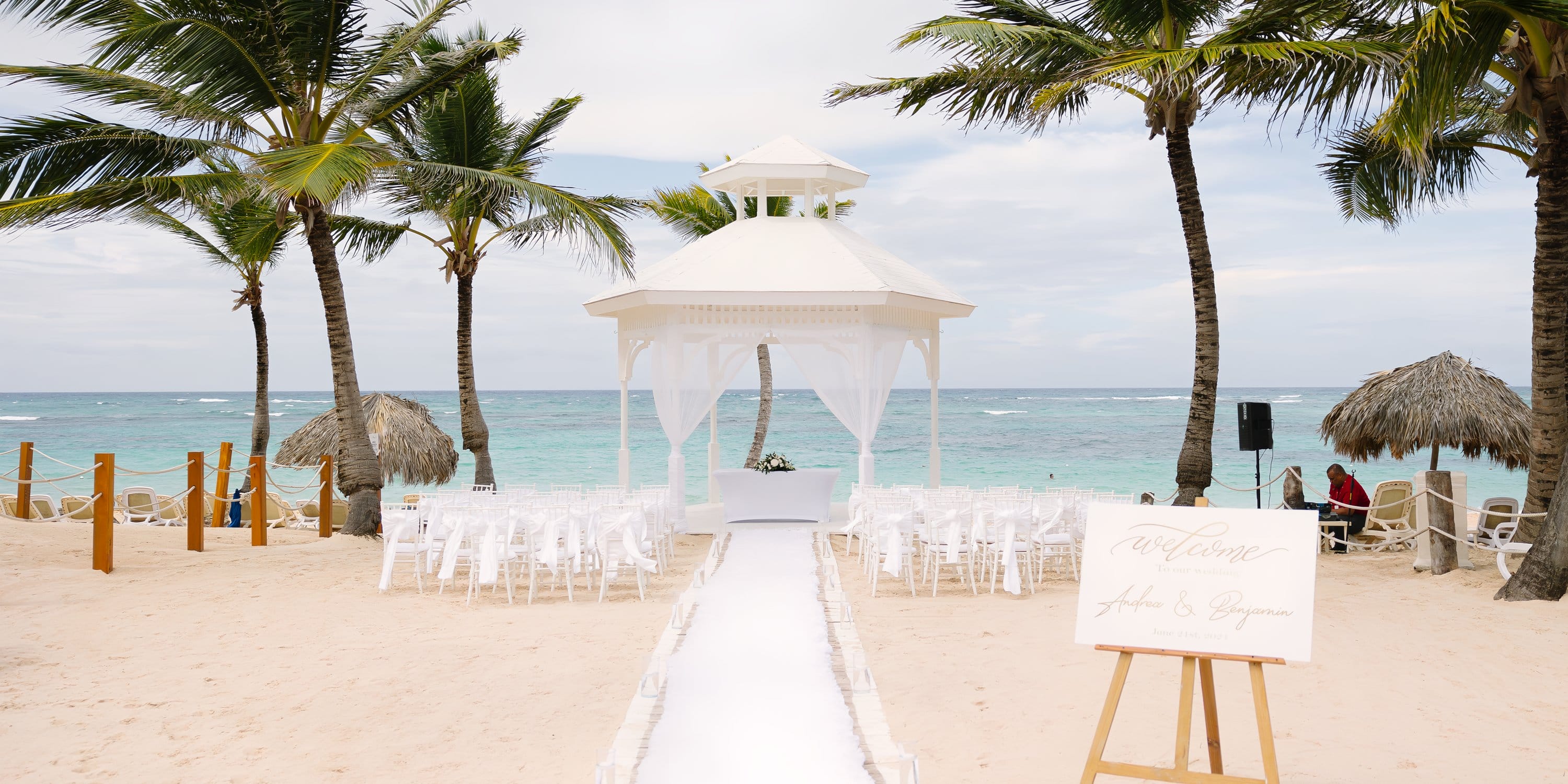 A white beach gazebo is set for destination weddings at Majestic Mirage Punta Cana All-Suite Resort.