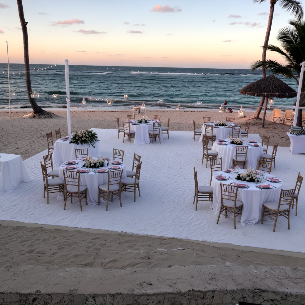 Tables and chairs draped in white on a sandy beach at sunset, set up for a destination wedding by the ocean.