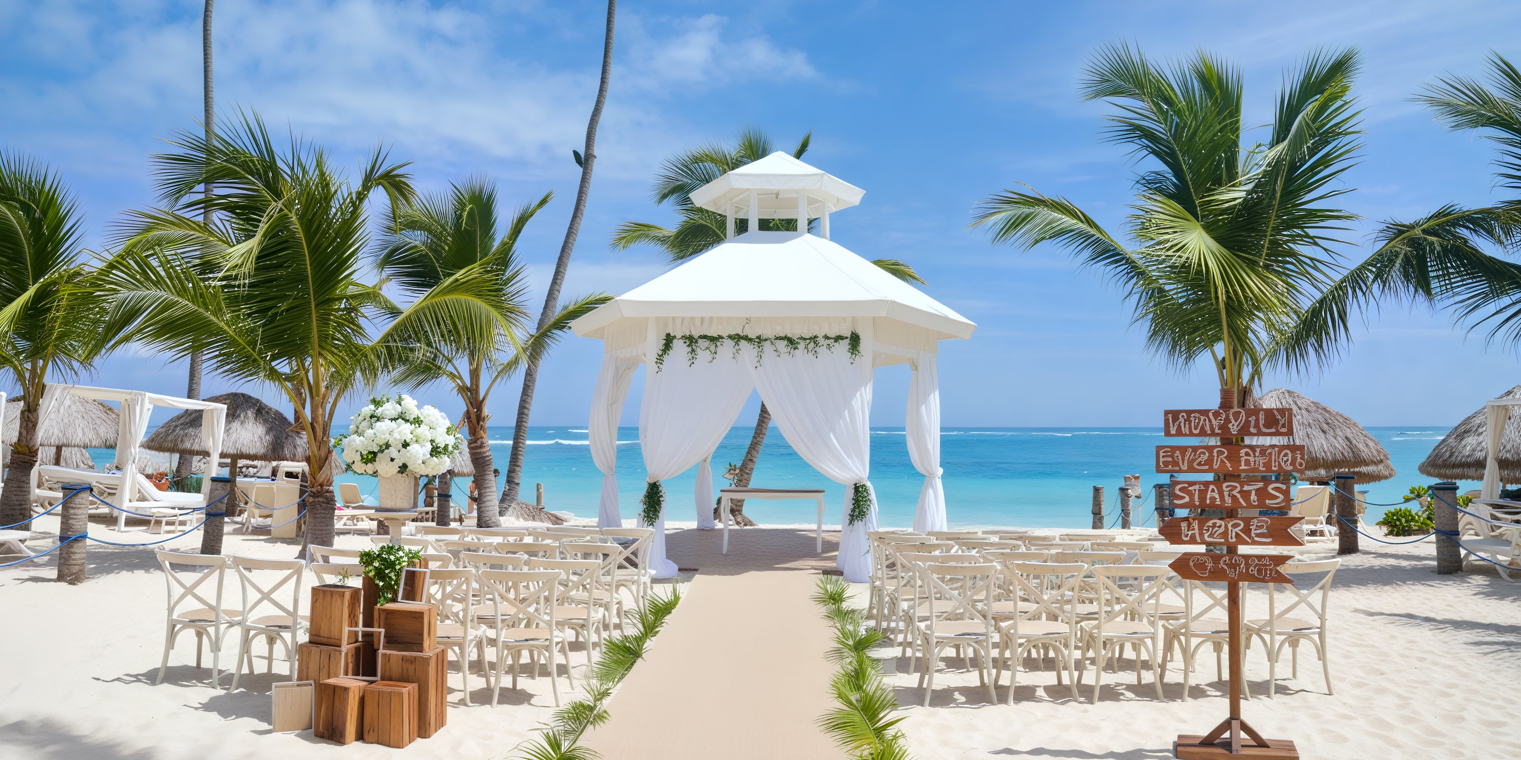 Majestic Colonial offers a stunning destination wedding setup with elegant white chairs and a beautifully draped gazebo, all set against the backdrop of palm trees on the pristine beach.