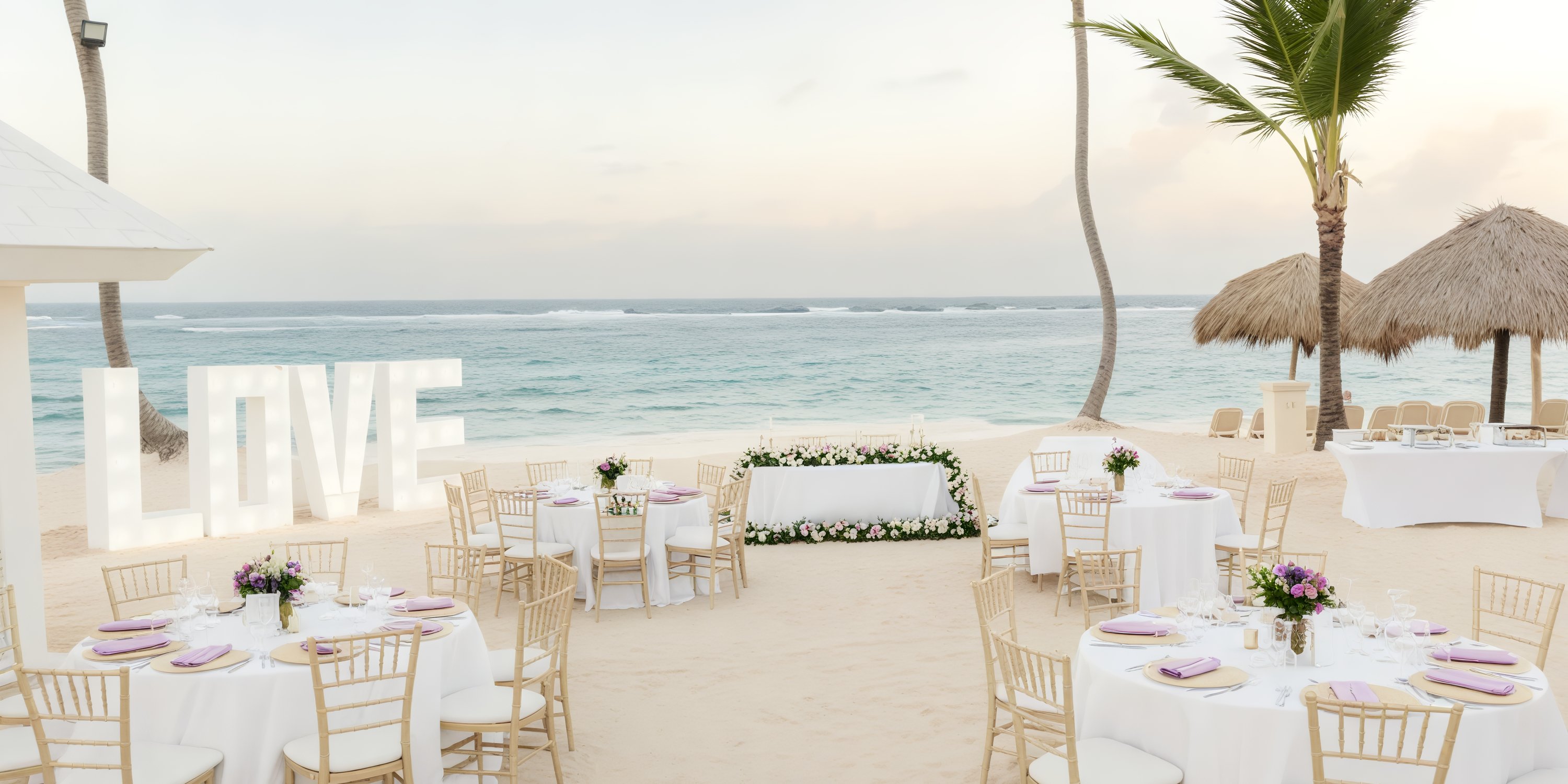 Experience a breathtaking destination wedding at Majestic Colonial, featuring a stunning beachfront setup complete with tables, chairs, and a large "LOVE" sign.