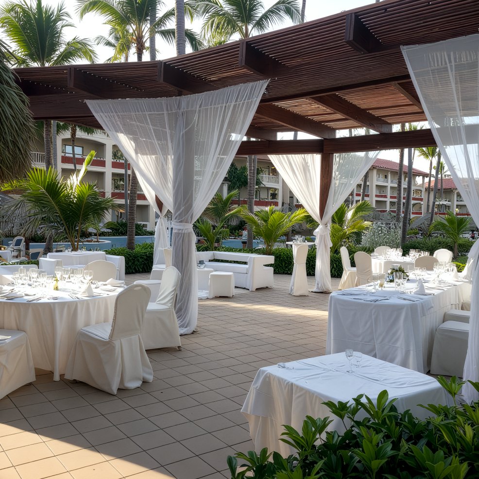 Elegant outdoor dining area under a wooden pergola, perfect for a destination wedding, with white tablecloths, chairs, and flowing draped curtains.