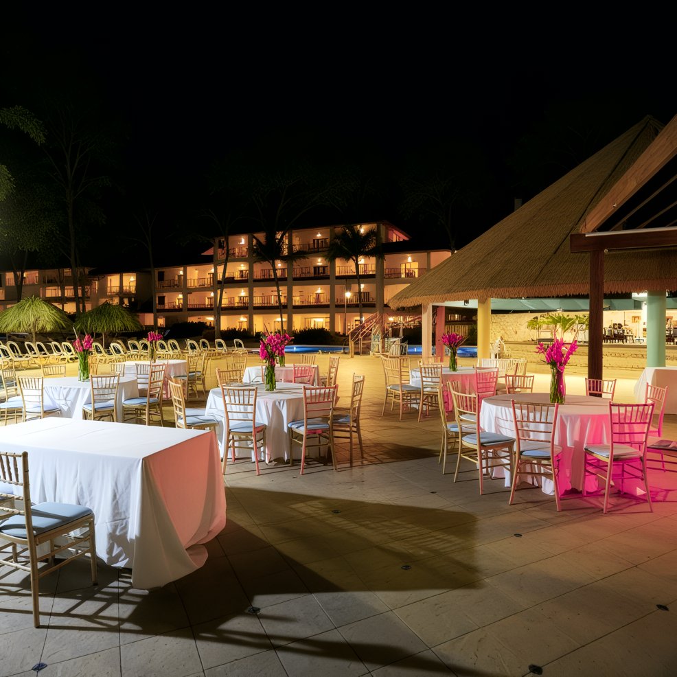 Destination wedding reception setup outdoors at night, round tables and chairs with floral centerpieces.