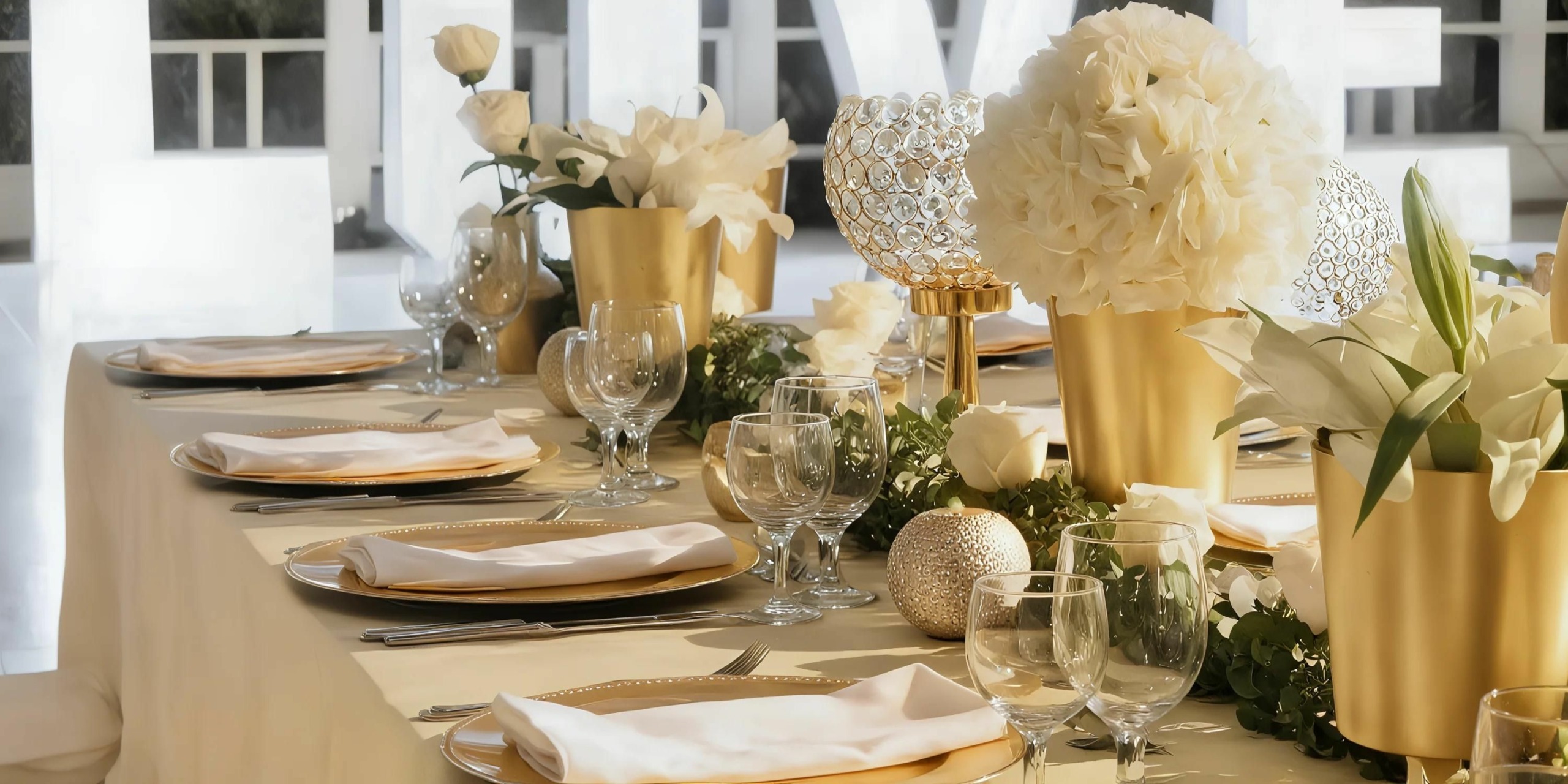 The Grand Palladium Bavaro is an elegant dining table set featuring gold-accented dinnerware, white floral centerpieces, wine glasses, folded napkins, and decorative greenery to complete the sophisticated arrangement.