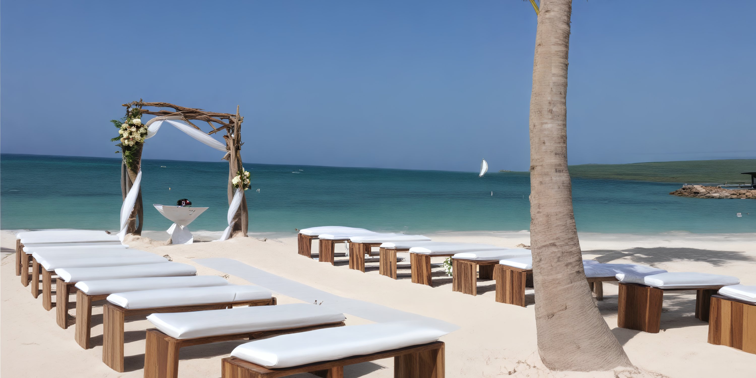 A destination wedding setup at Royalton Blue Waters features benches aligned toward an oceanfront arch.