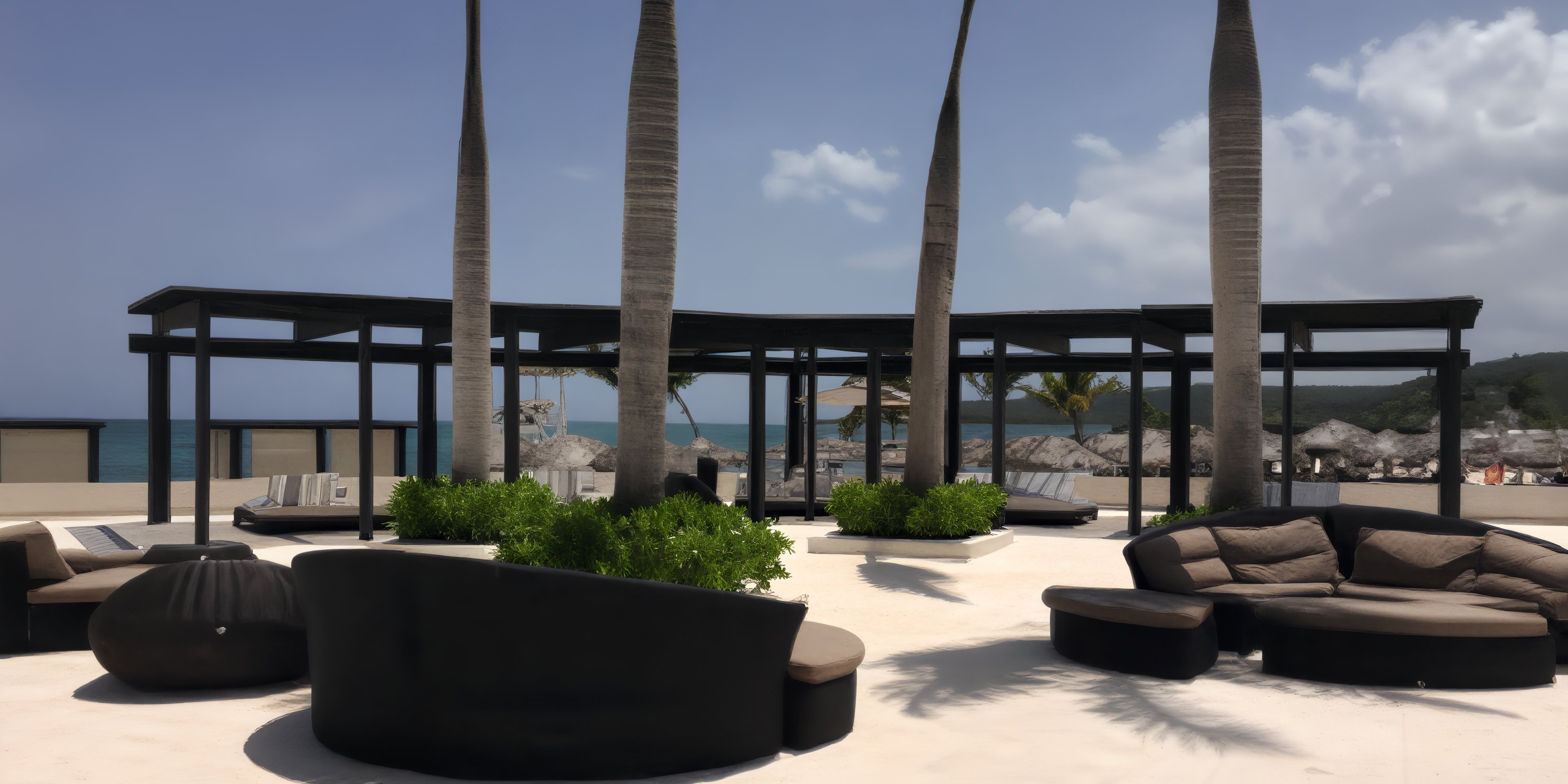 Royalton Blue Waters: Elegant black outdoor seating for a destination wedding with palms and ocean view.