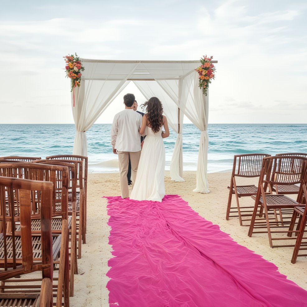 A couple strolling down a pink aisle towards a beach altar, surrounded by wooden chairs, setting the scene for their destination wedding.