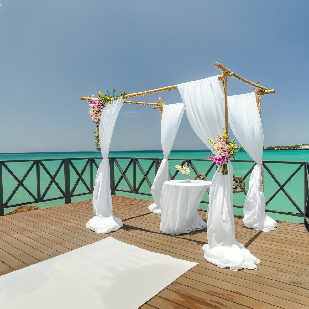 An enchanting outdoor altar adorned with white drapes and vibrant flowers creates the perfect setting for a destination wedding by the turquoise sea.
