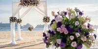 Destination wedding at Hotel Riu Palace Cabo San Lucas featuring a floral arch, bouquet, and the stunning backdrop of the ocean and rocks.