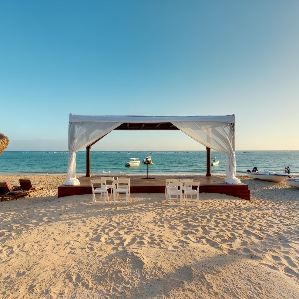 Wooden canopy with white drapes and chairs set up for a destination wedding on a beach by the ocean.