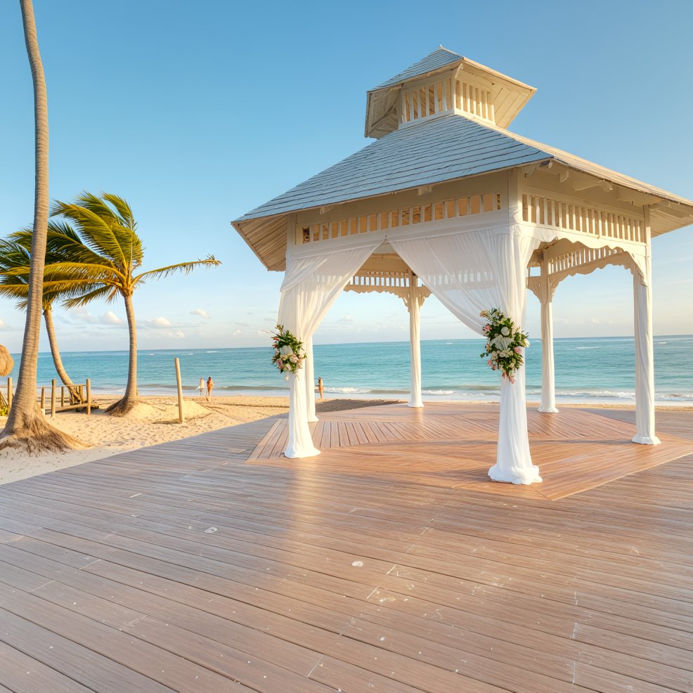 A white gazebo with flowing fabric stands on a beachside deck, ready for a destination wedding by the ocean.