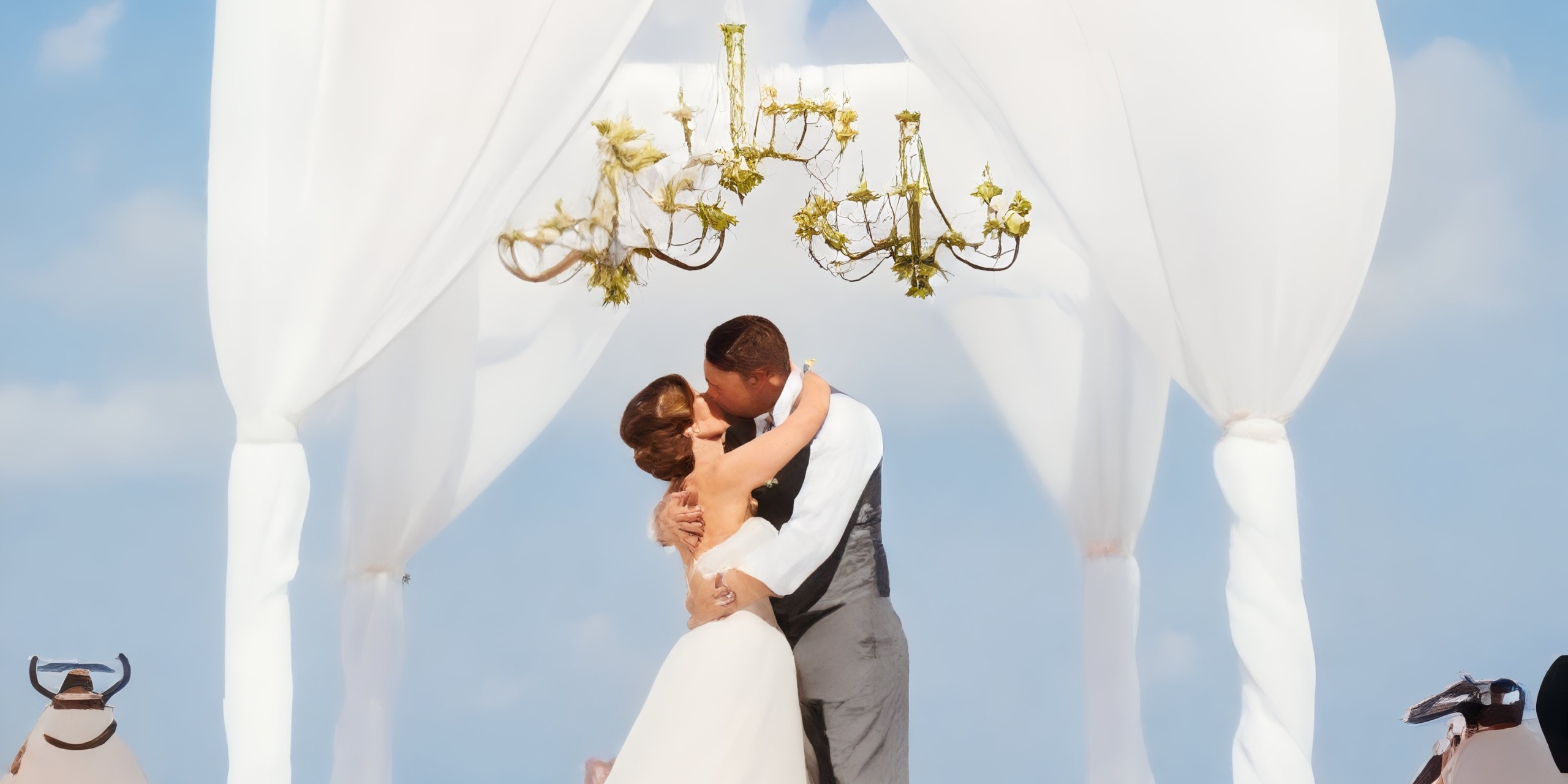Under a chandelier-lit canopy at the Royalton Riviera Cancun, the bride and groom share an embrace during their destination wedding.