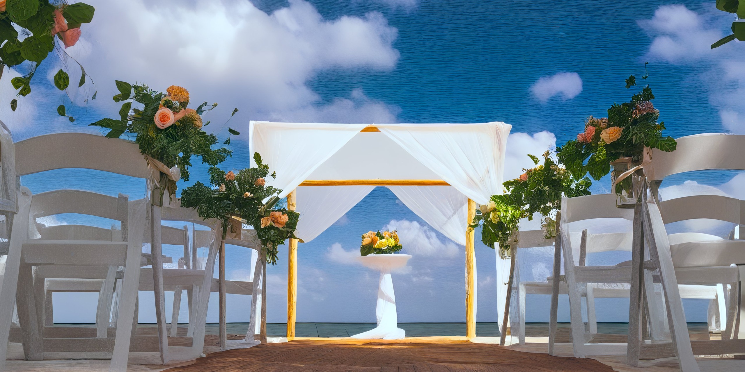 Experience a breathtaking destination wedding at the Royalton Riviera Cancun, featuring a romantic beachfront canopy, elegant white chairs, and stunning floral decor.
