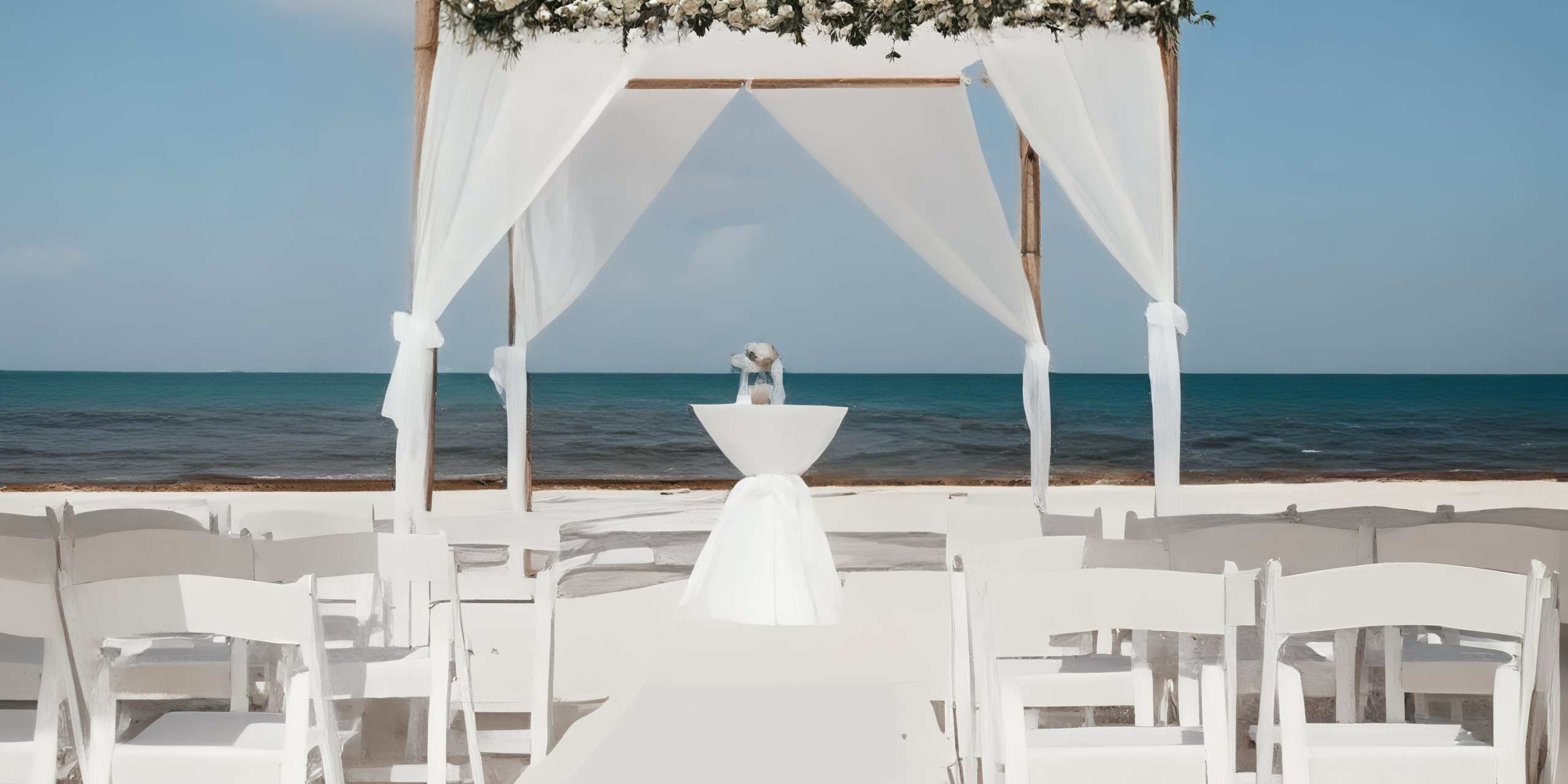 Destination wedding at the Royalton Riviera Cancun featuring ocean-facing chairs and a beautiful floral canopy.