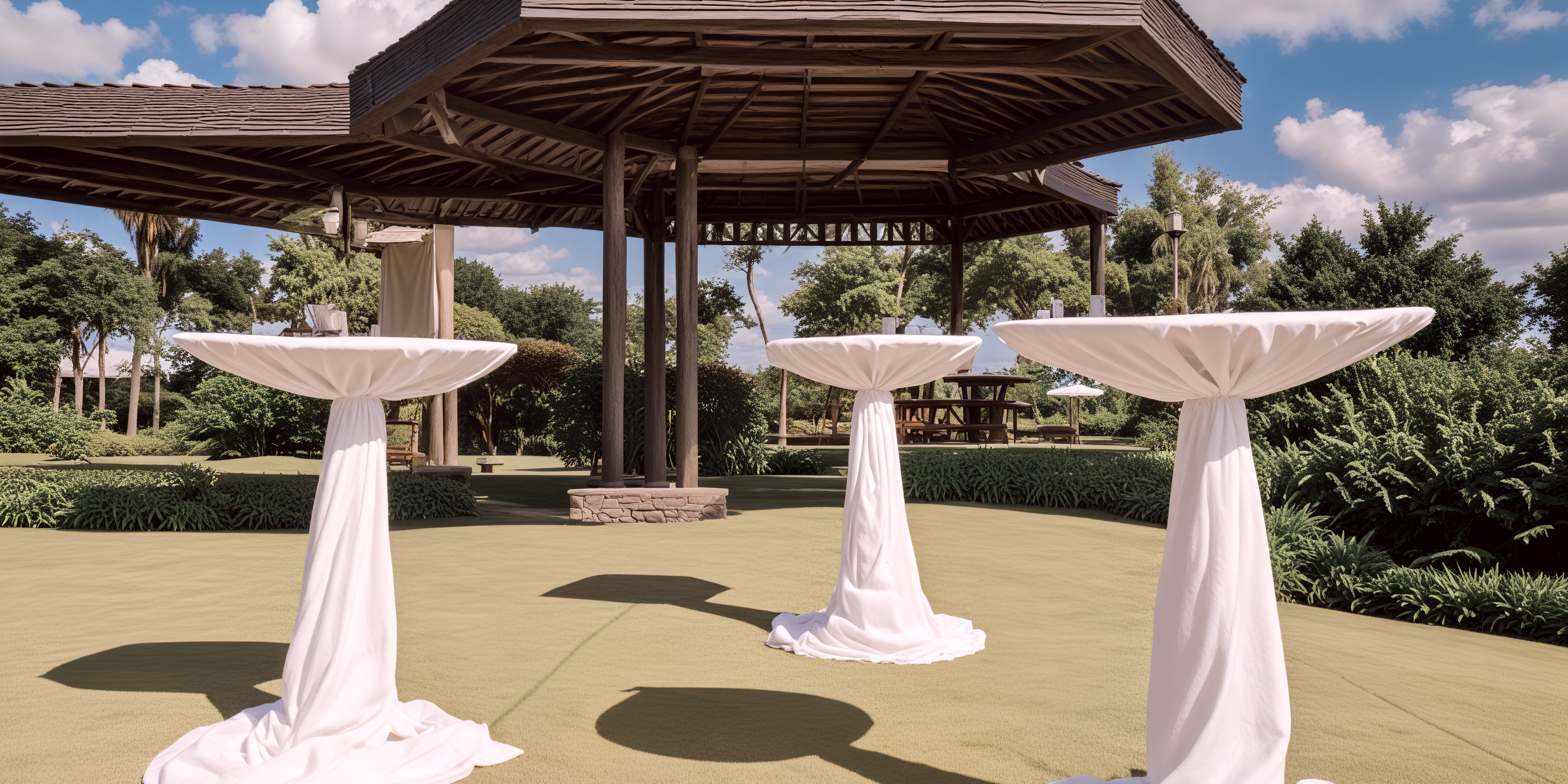 Three cocktail tables draped in white at a Royalton Riviera Cancun destination wedding outdoors.
