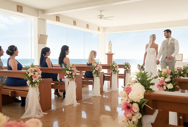 Destination wedding ceremony at Sunscape Cancun Resort & Spa, bride and groom at altar, bridesmaids in blue.
