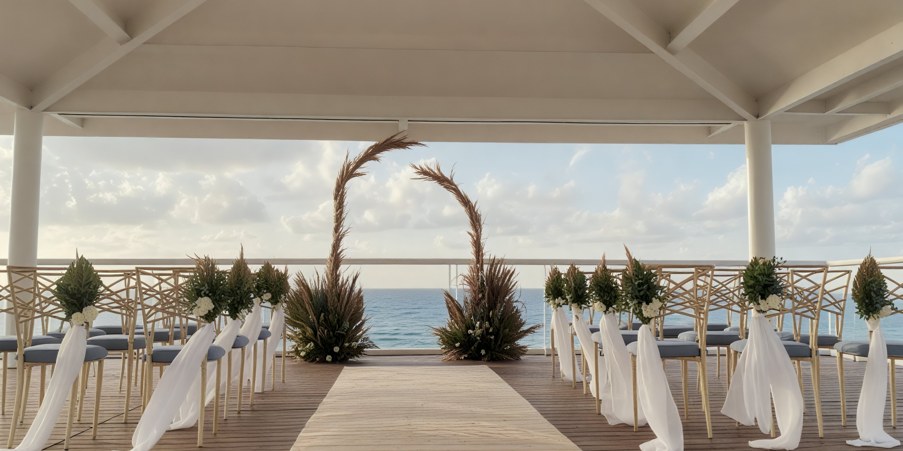 Destination wedding ceremony at Sunscape Cancun Resort & Spa, featuring chairs and a floral arch by the ocean.