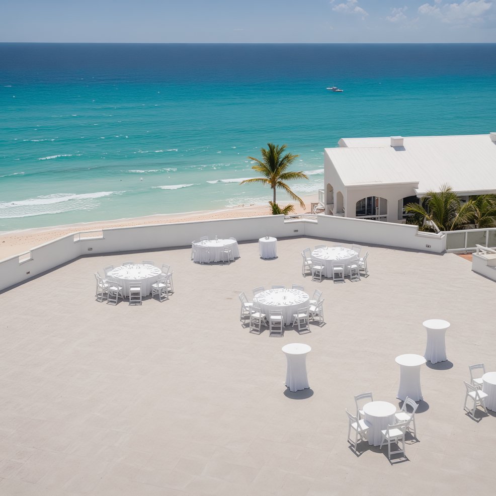 Round tables with white cloths set for a destination wedding on a terrace overlooking the ocean and beach.