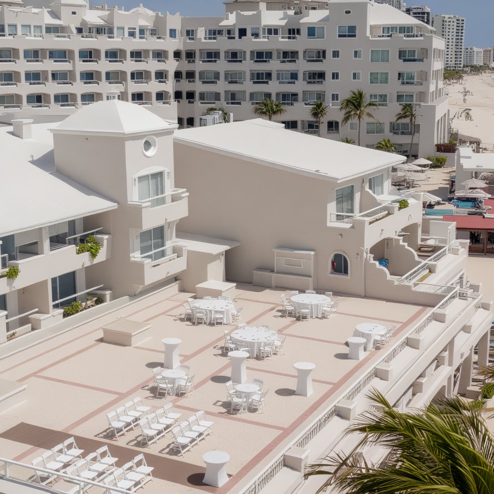 Rooftop terrace set for a destination wedding, featuring white tables and chairs amid modern white buildings.