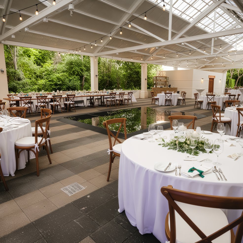 Elegant destination wedding setup with round tables, white linens, and wooden chairs under a canopy.