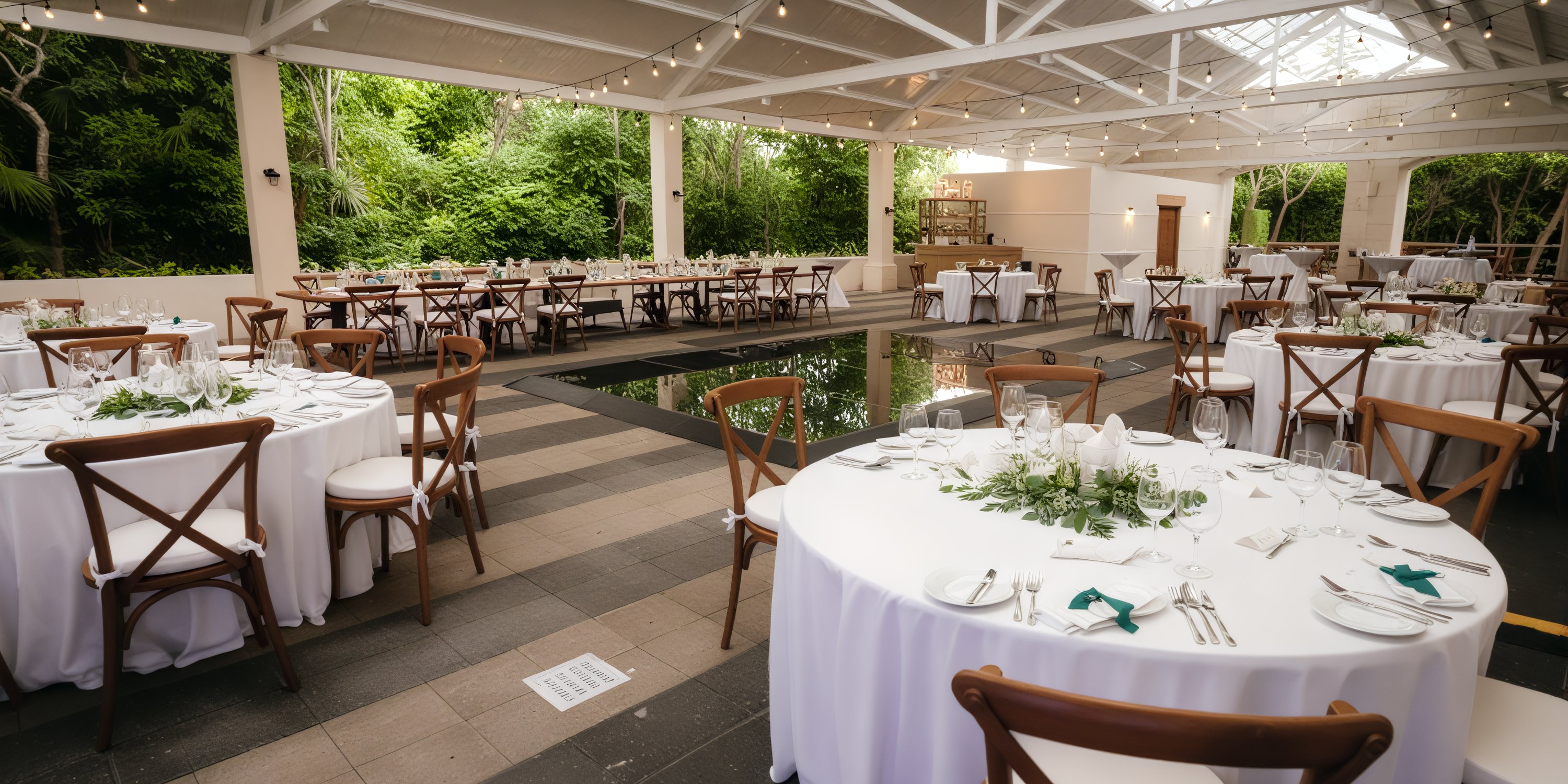 Destination wedding reception outdoors at UNICO 20°87° Riviera Maya, featuring round tables and greenery.