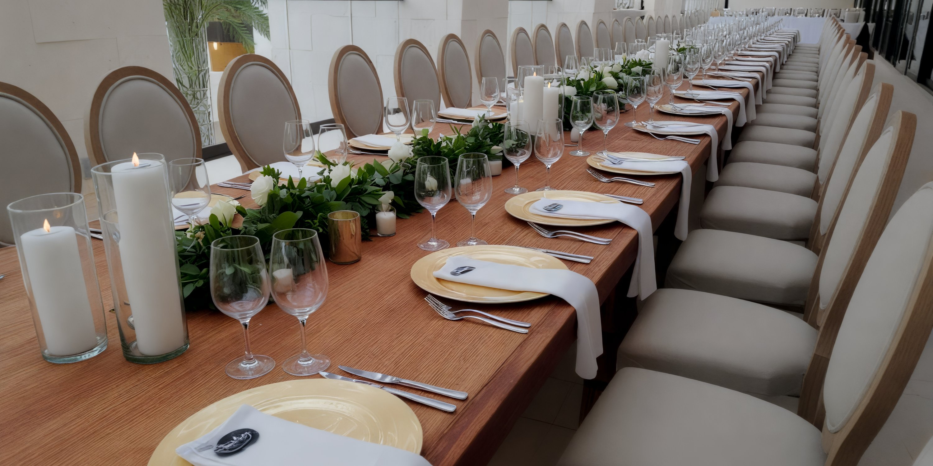 Elegant wedding banquet table at UNICO 20°87° Riviera Maya with plates, glassware, candles, and greenery.