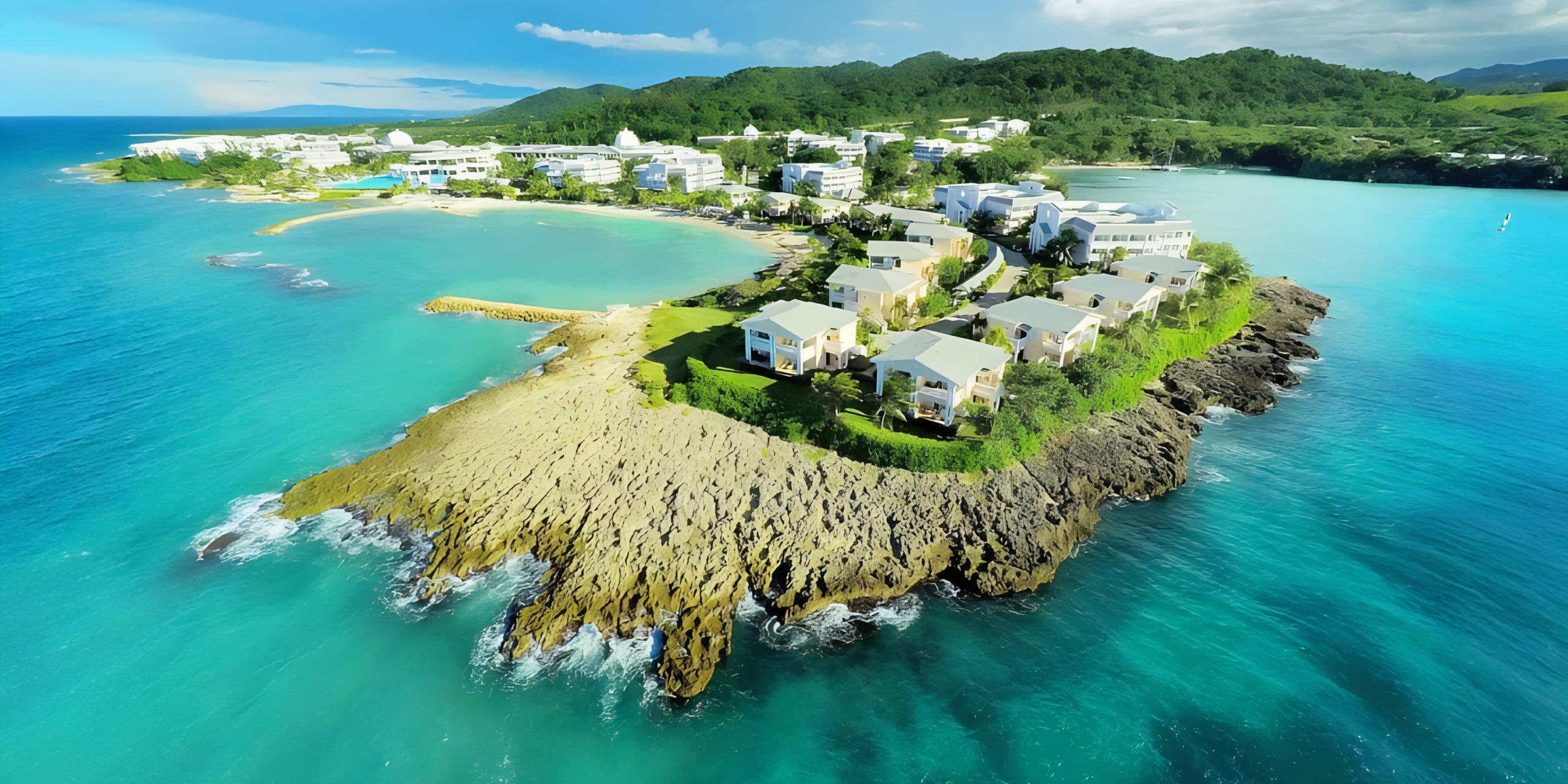 Aerial view of Grand Palladium Jamaica, a lush coastal resort peninsula with sandy beaches and clear blue water.