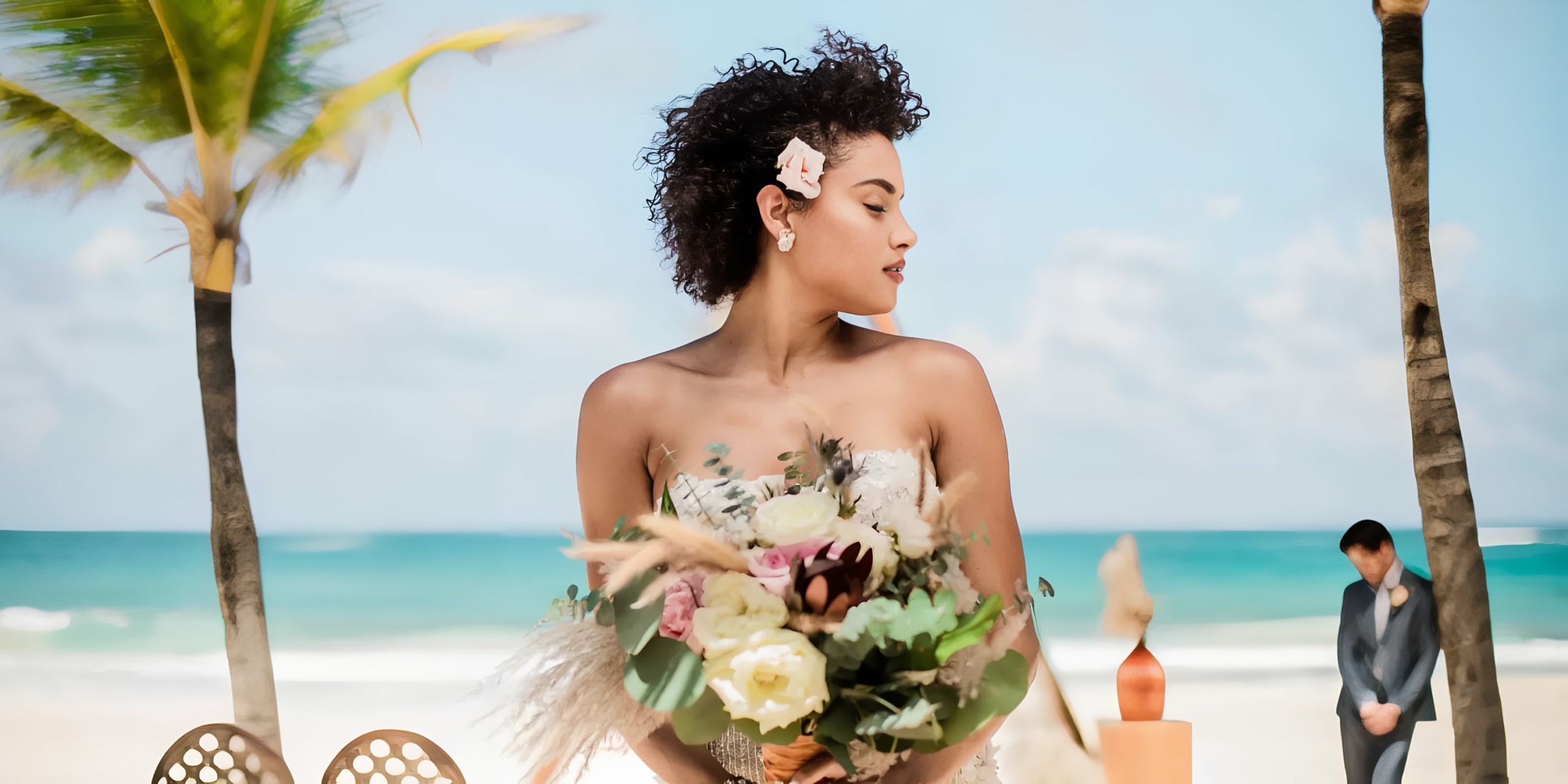 A bride holding a Hard Rock Los Cabos standing on a beach with a groom in the background.