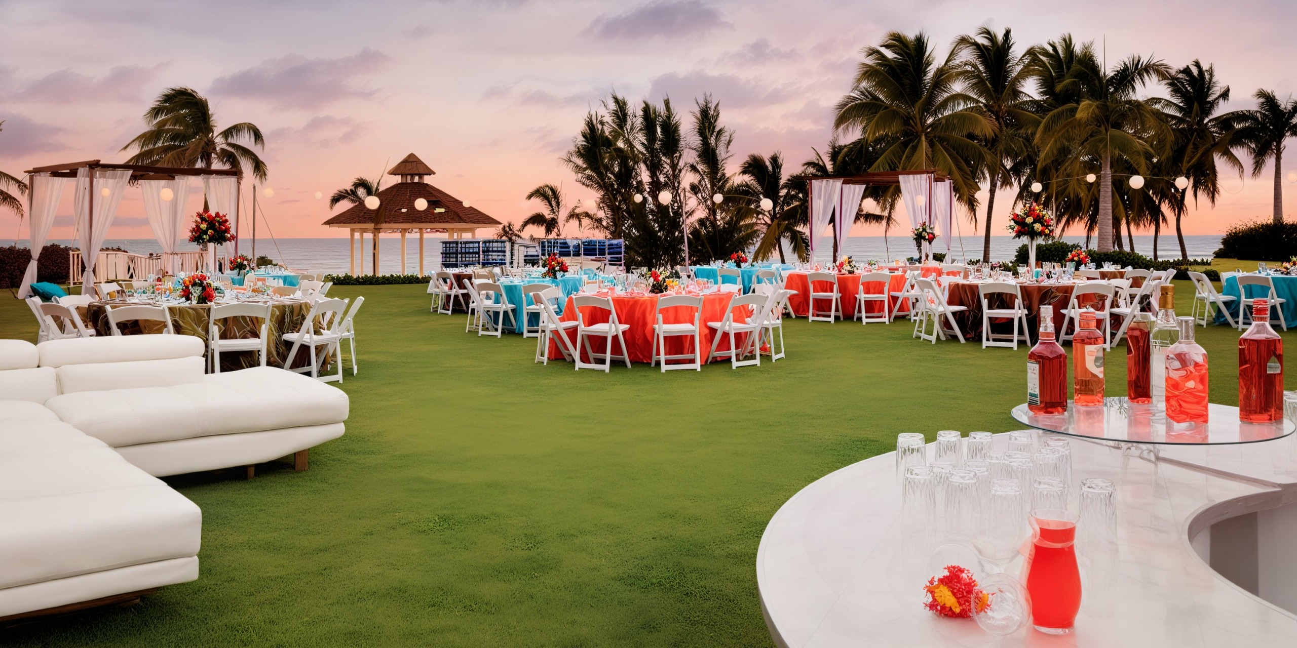 Enjoy an outdoor event setup at Hyatt Ziva Rose Hall, featuring round tables adorned with red and blue tablecloths on a lush lawn near the beach. With palm trees swaying in the background and a convenient beverage station visible in the foreground, it's the perfect setting for any occasion.
