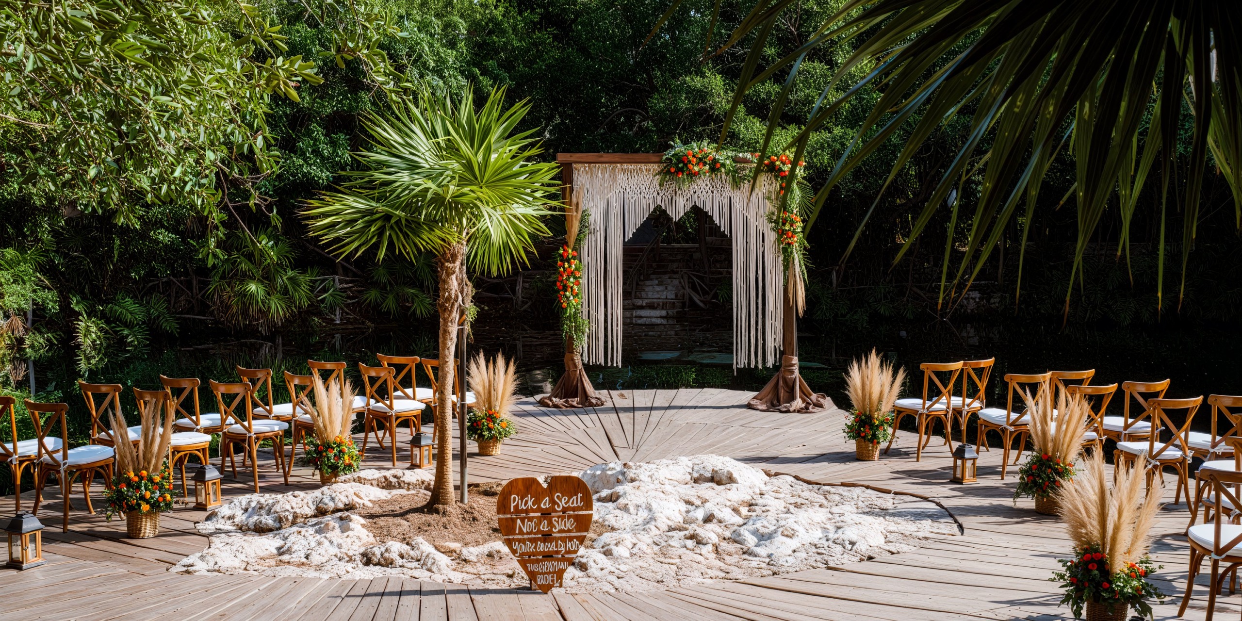 Experience a stunning destination wedding at Sandos Caracol Eco Resort, featuring elegant chairs, a beautiful floral arch, and a charming decorative sign.