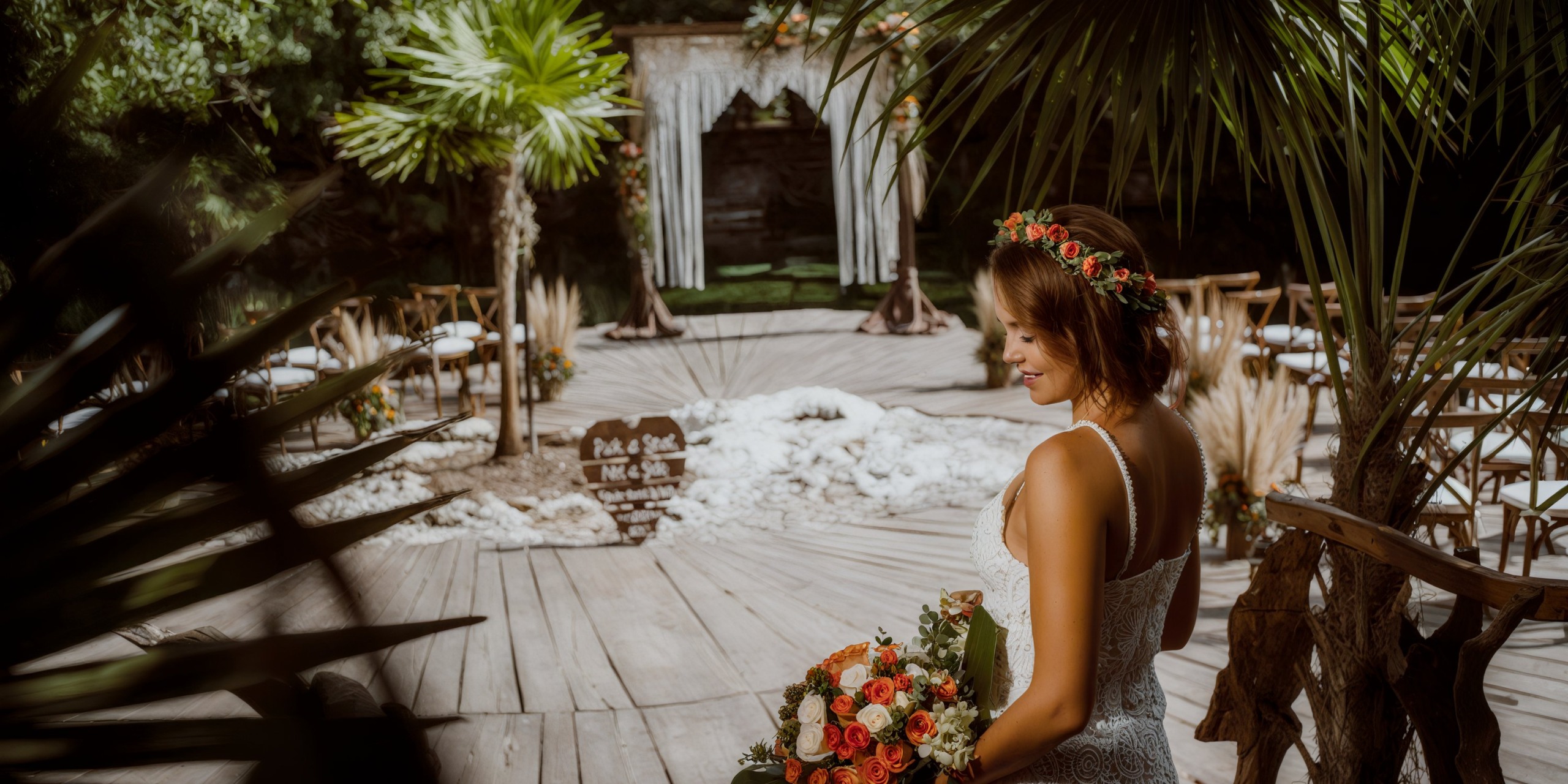 A bride holding her bouquet stands on the deck of Sandos Caracol Eco Resort, framed by a beautiful floral arch in the backdrop, creating a perfect setting for a destination wedding.