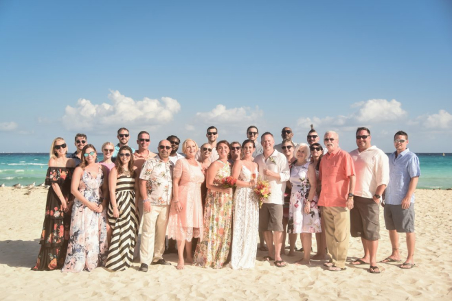 playa del carmen beach destination wedding group photo sandos playacar mexico