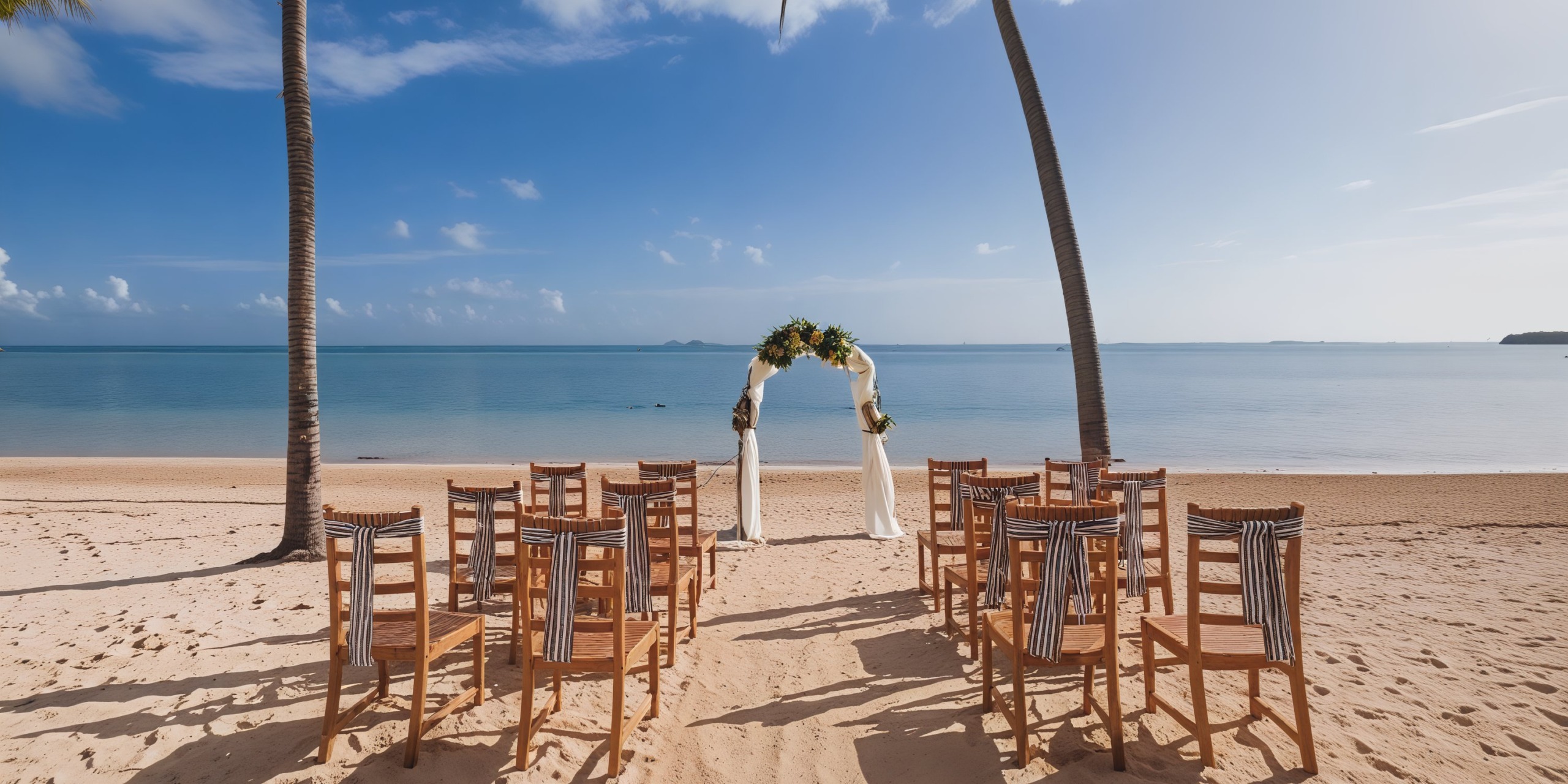 The setup for a destination wedding at Barcelo Bavaro Beach features chairs and a beautiful floral arch nestled between palm trees, all perfectly positioned to face the ocean.